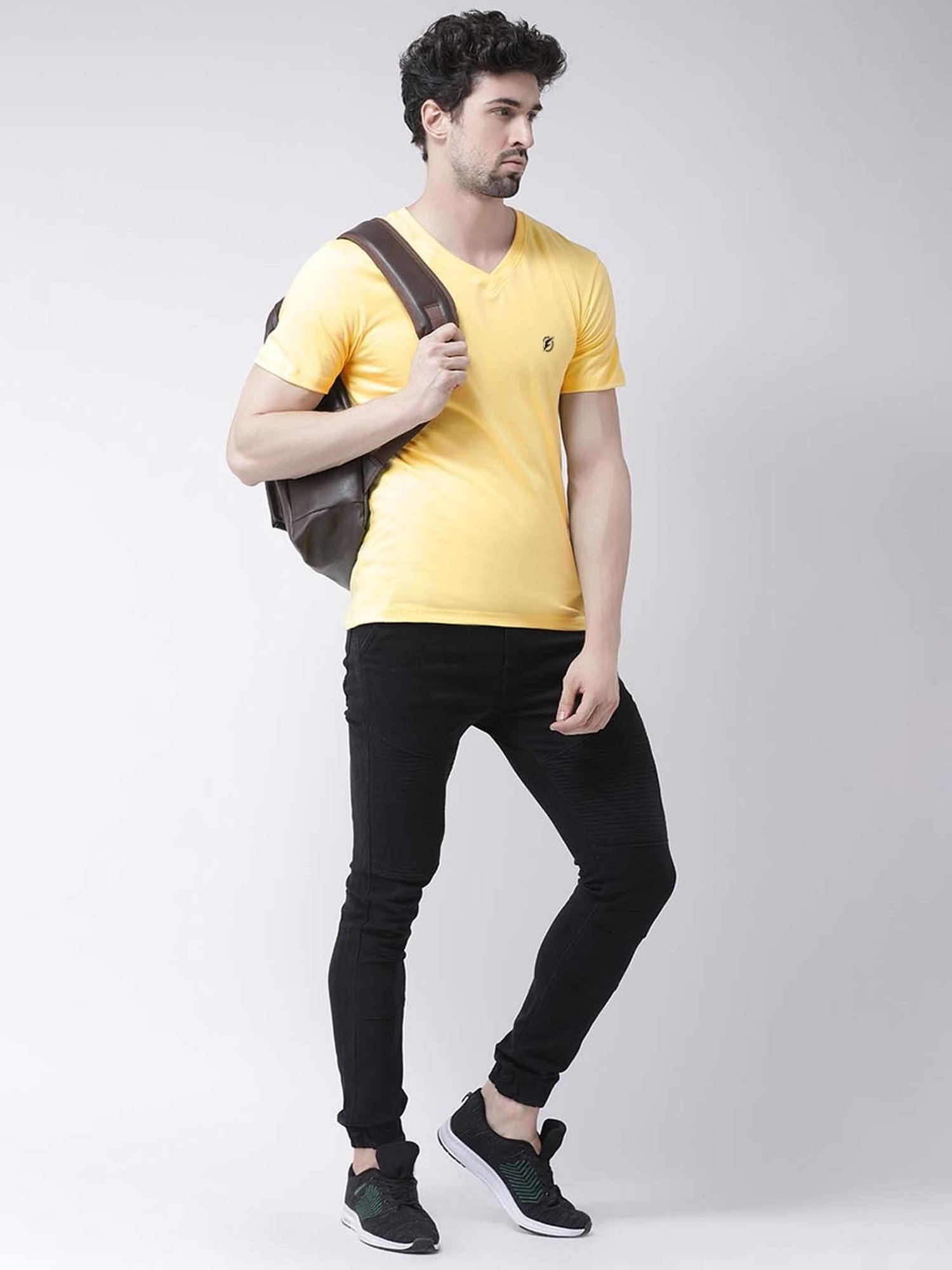 Friskers White & Yellow Cotton Slim Fit T-Shirt