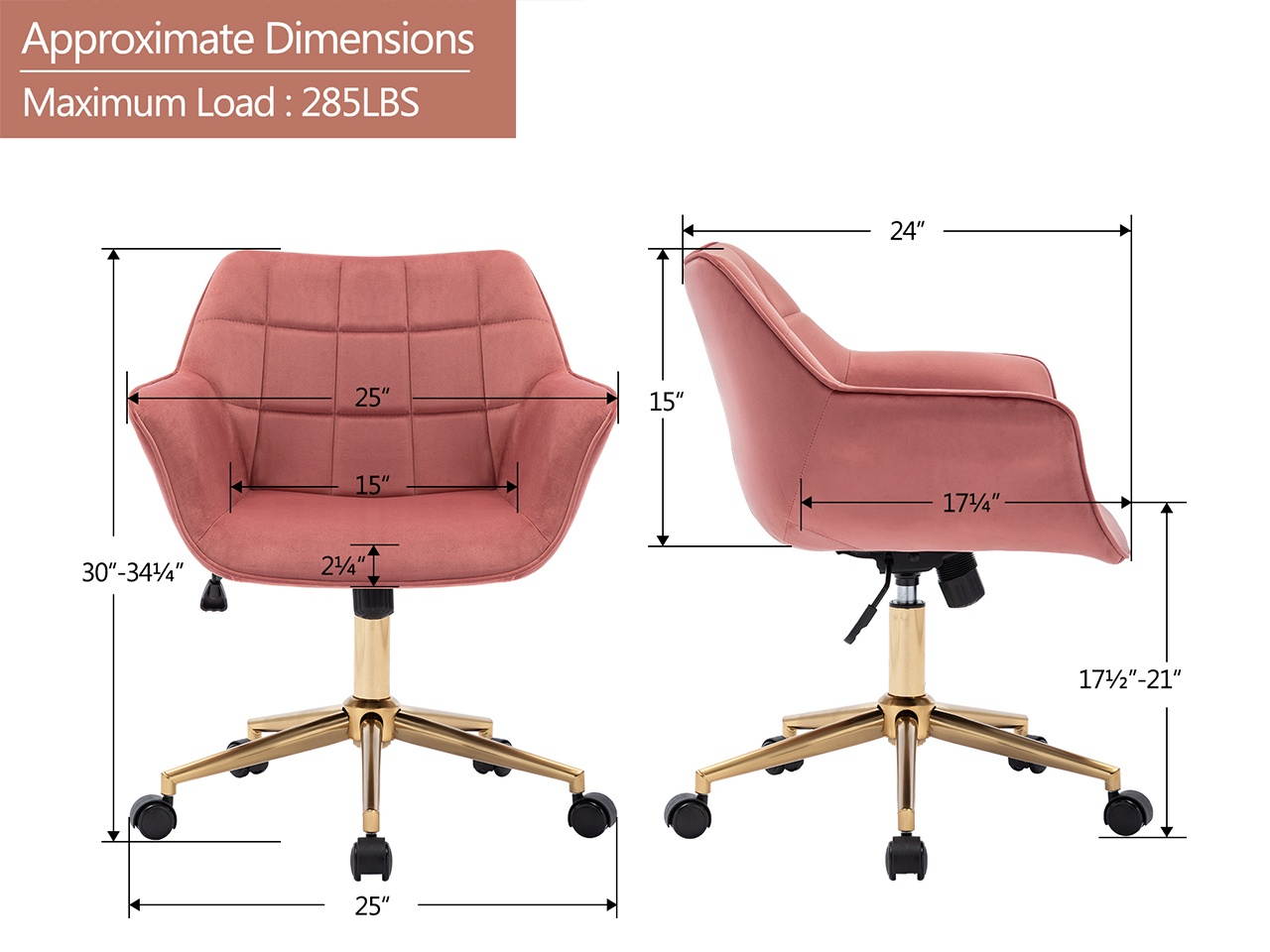Swivel Height Adjustable Task Chair with Arms Velvet Upholstered Office Chair with Gold Base