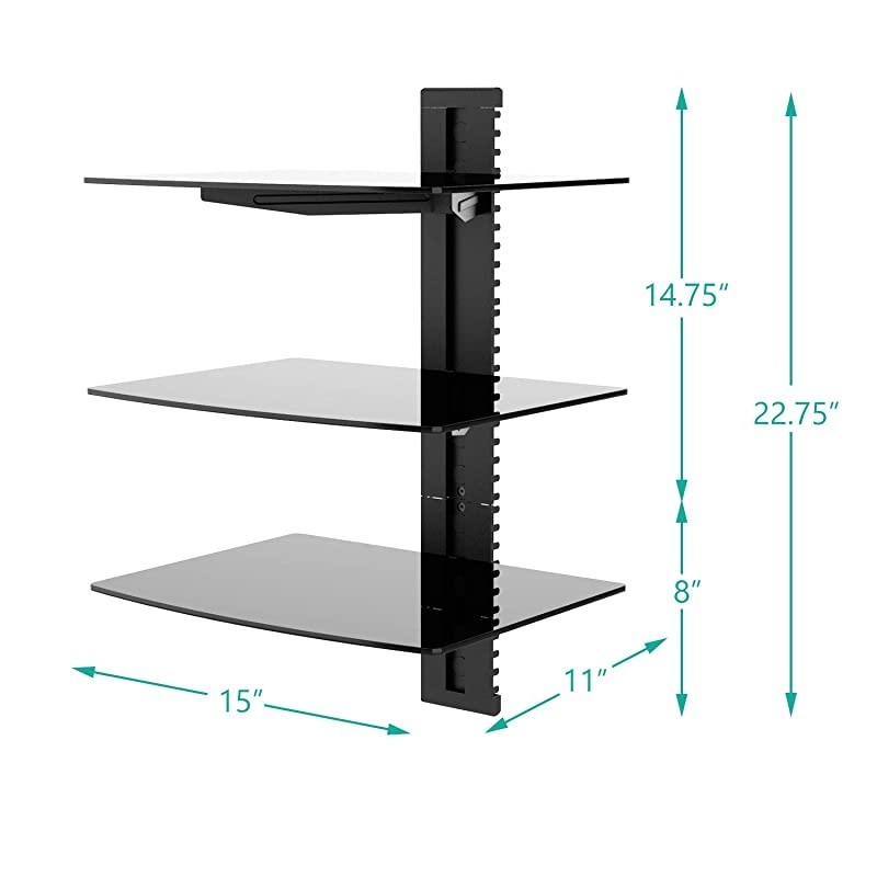 CS303B Floating Wall Mounted Shelf with Strengthened Tempered Glasses for DVD Players,Cable Boxes, Games Consoles, TV Accessories, 3 Shelf, Black