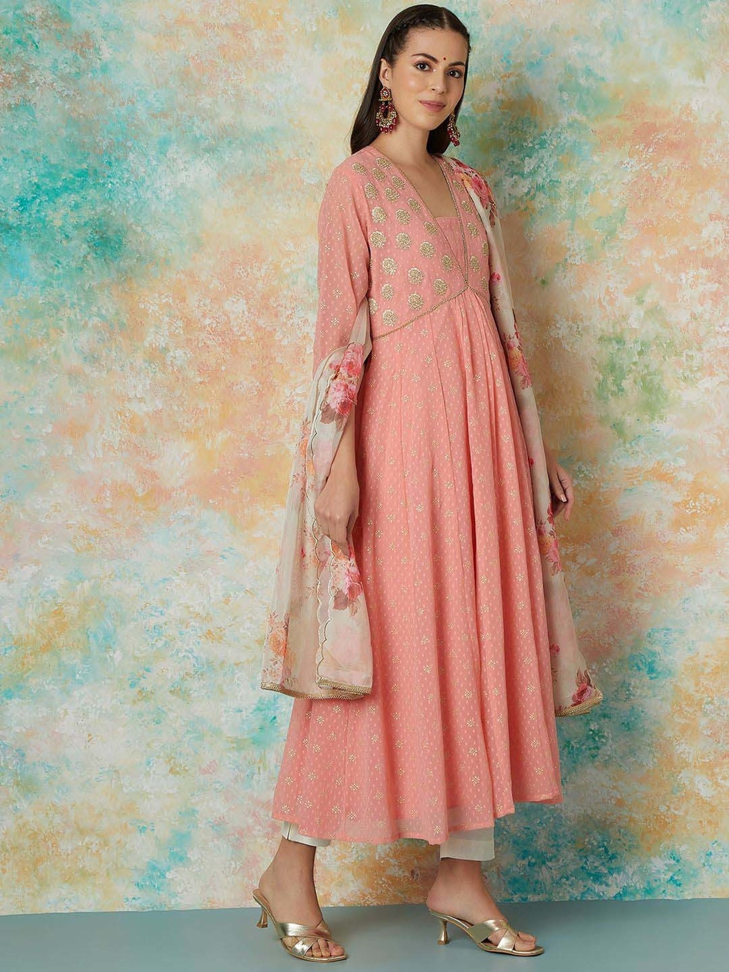 Melange by Lifestyle Peach Embroidered Kurta & Pant Set With Dupatta