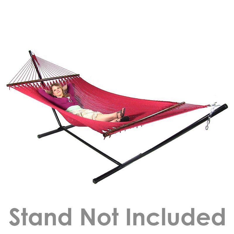 Sunnydaze Outdoor 2-Person Double Polyester Rope Hammock with Wood Spreader Bar and 15ft Black Steel Stand - Red