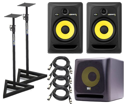 KRK RP8G3-NA Rokit 8 Generation 3 Powered Studio Monitor (Pair) + KRK K10S Powered Subwoofer - 10 Inch, 225 Watts + Samson SAMS200 (Pair) + (4) XLR Cables 18ft