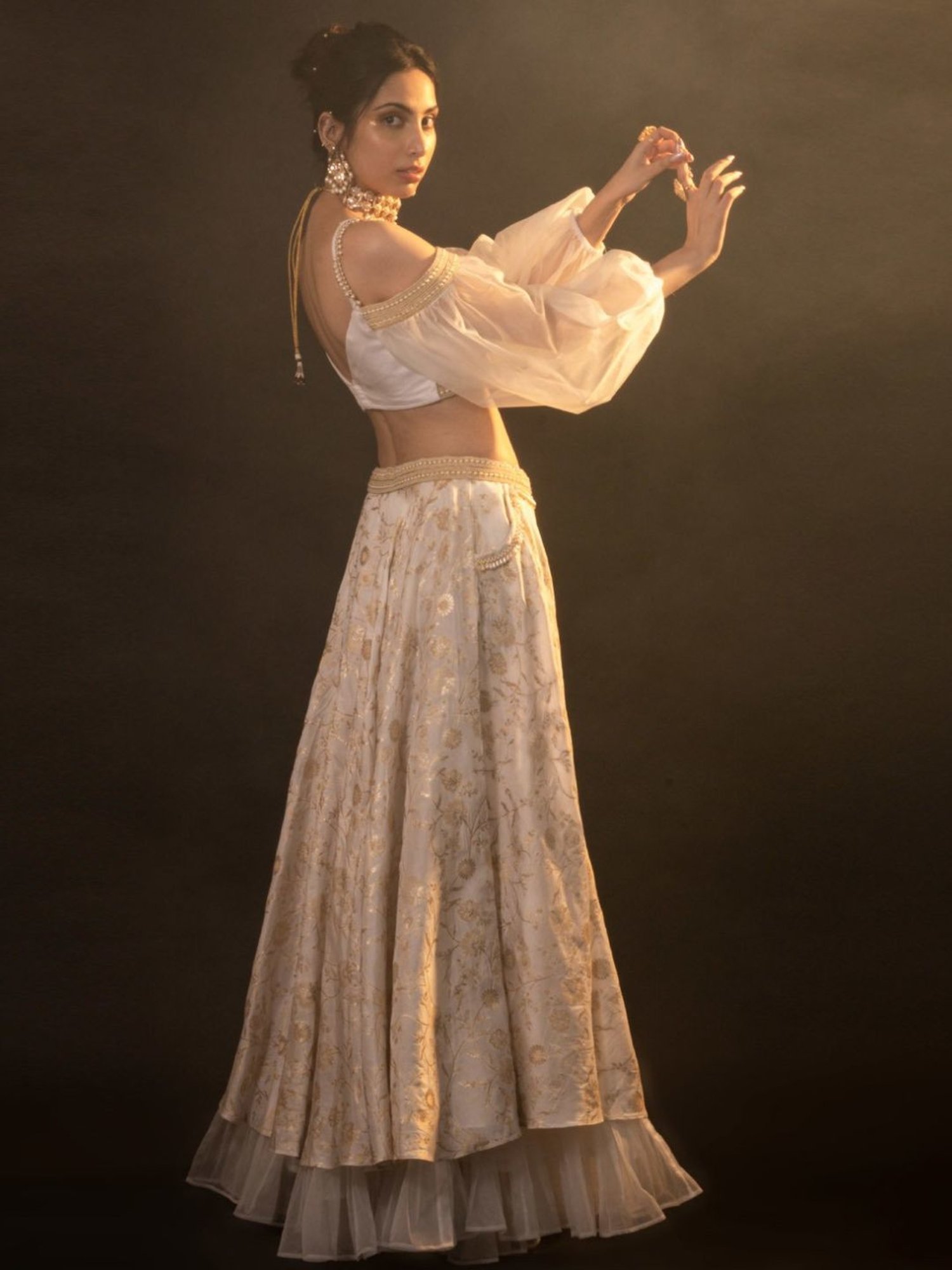 Monk and Mei Soul of Swan White and Gold Diana Brocade Lehenga Set
