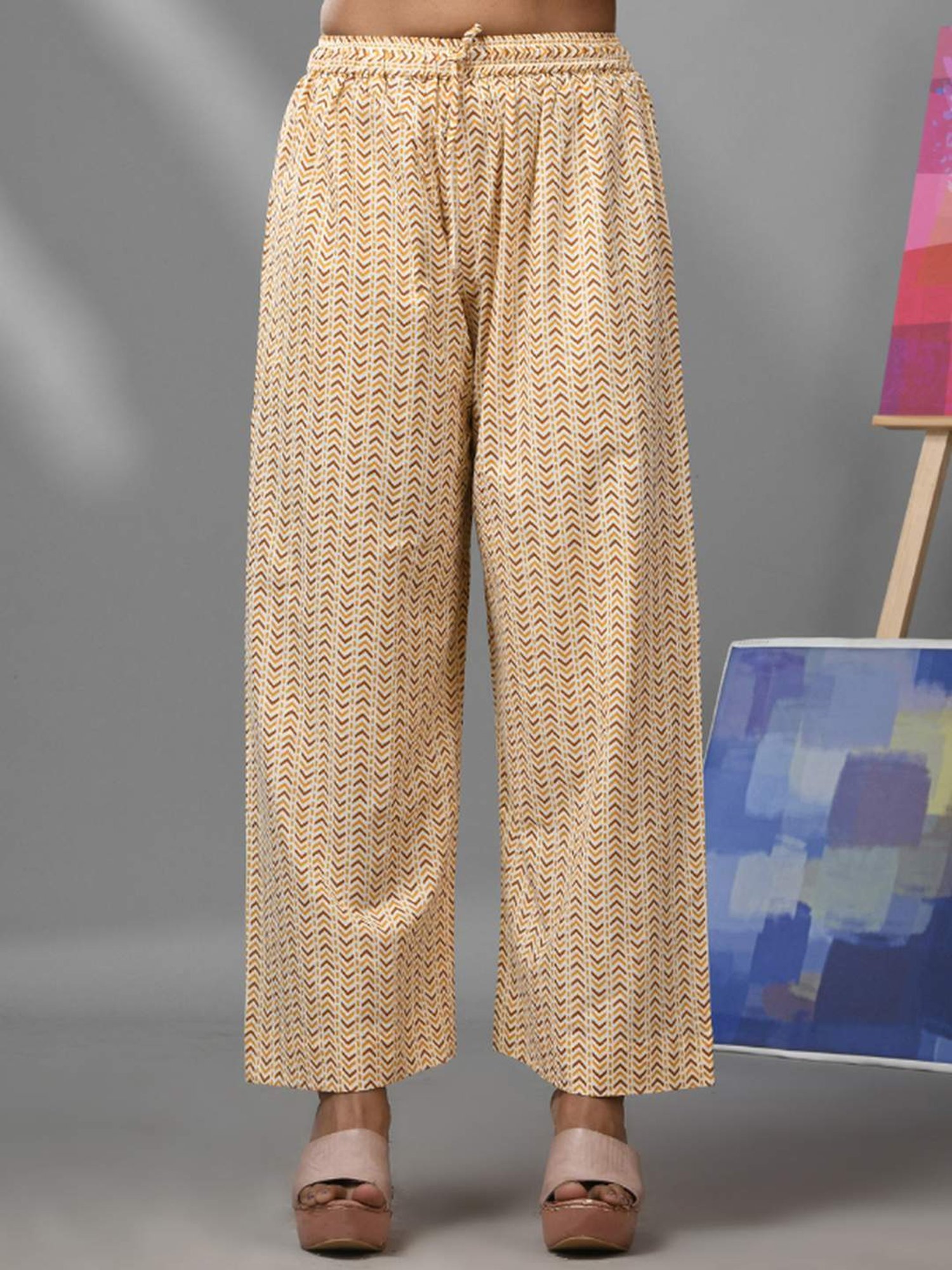 CHARUKRITI Beige Cotton Printed Kurta Palazzo Set