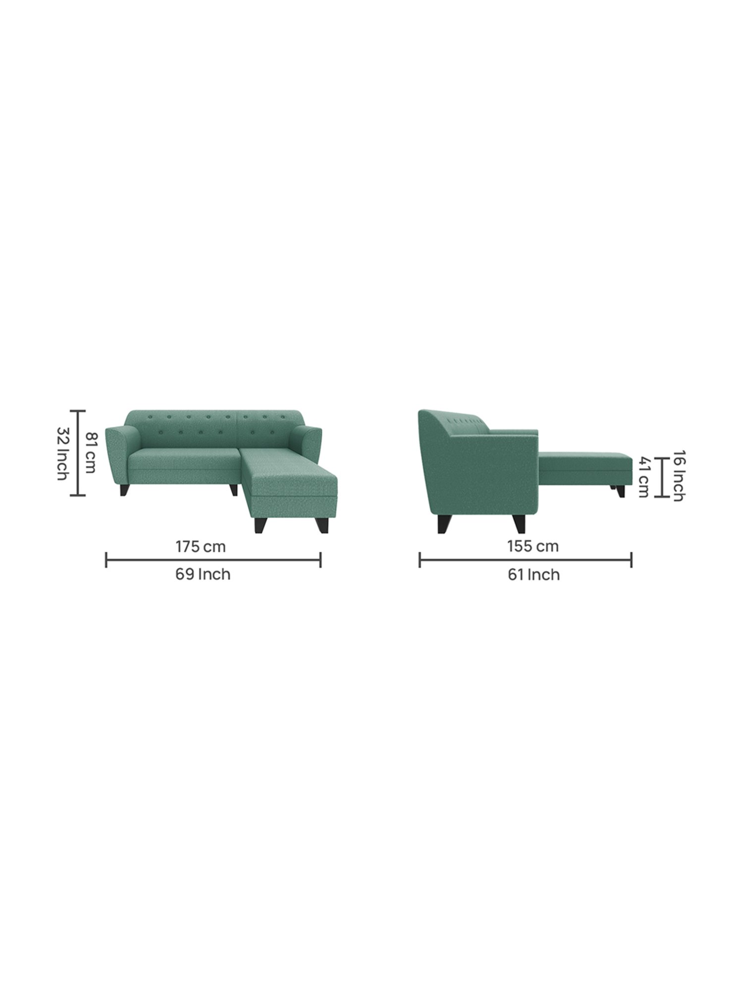 Trevi Imperial Green Fabric & Neem Wood 5 Seater RHS Sectional Sofa