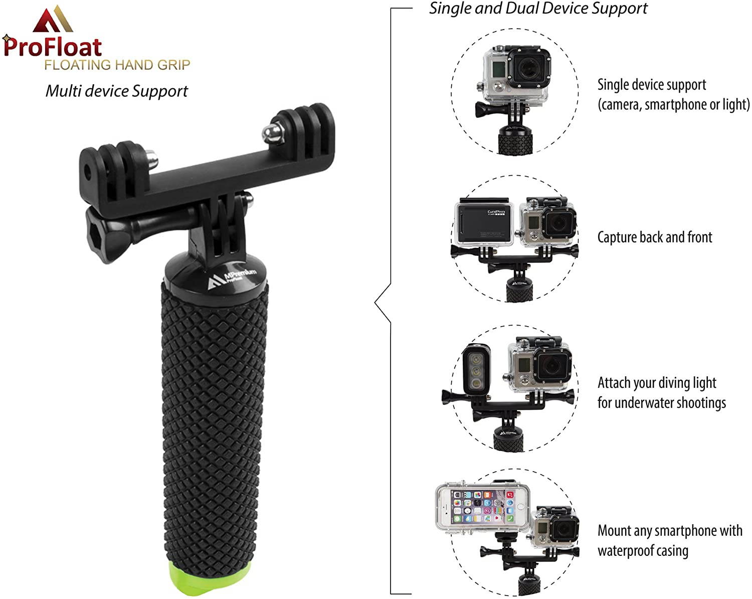 Waterproof Floating Hand Grip Compatible with GoPro Cameras Hero 8 7 6 5 4 3 2 1 Session Black Silver Handler Plus Free Handle Mount Accessories for Water Sport and Action Cameras (Green)