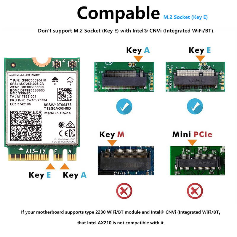 Teday 3000Mbps WiFi 6E Intel AX210 Bluetooth 5.2 M.2 2230 Key E WiFi 6 Card 2.4G/5Ghz/6Ghz With IPEX4 Antennas Wireless AX210NGW 802.11ac/ax WiFi Adapter, Support Windows 10 Linux For Laptop Desktop