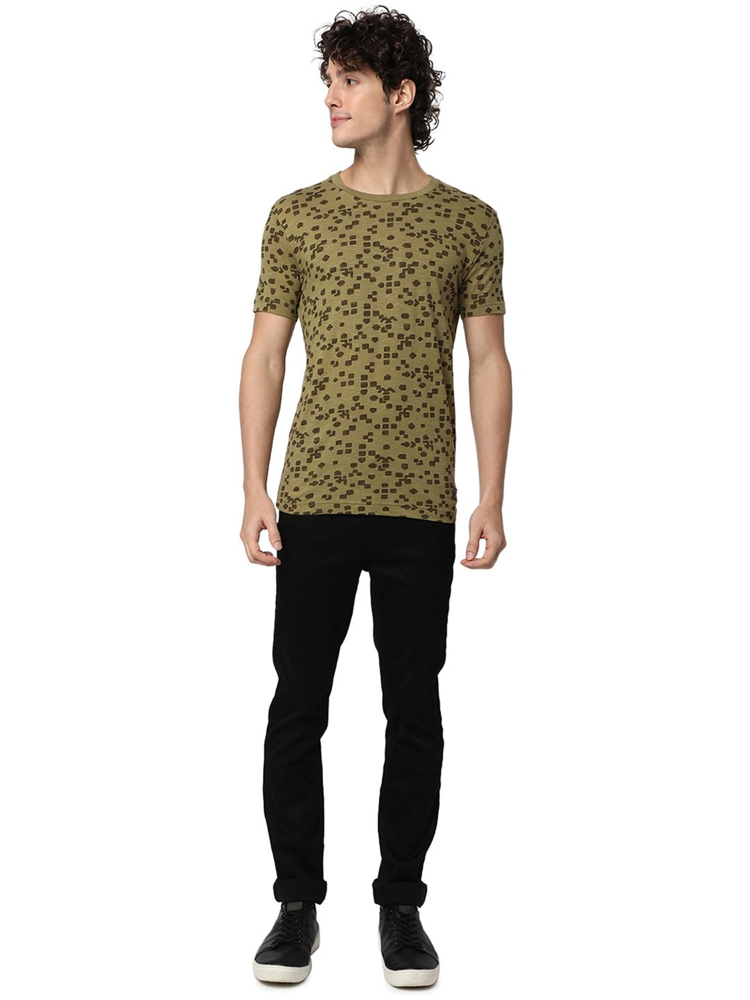 Mufti Light Olive Slim Fit Printed Crew T-Shirt