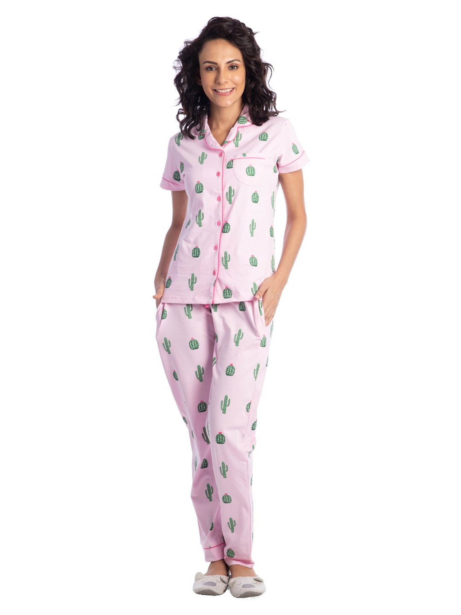 Nite Flite Pink & Green Printed Shirt With Pyjamas