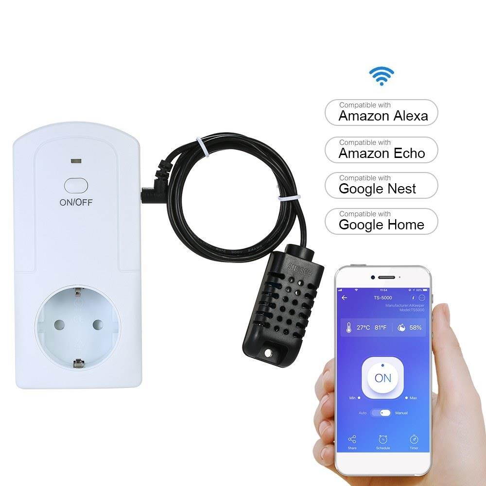 Wireless APP Remote Control Power Outlet Smart Thermostat Humidistat Timing Plug Socket Compatible with Amazon Alexa Echo Google Nest Home AC90-250V 16A EU Plug