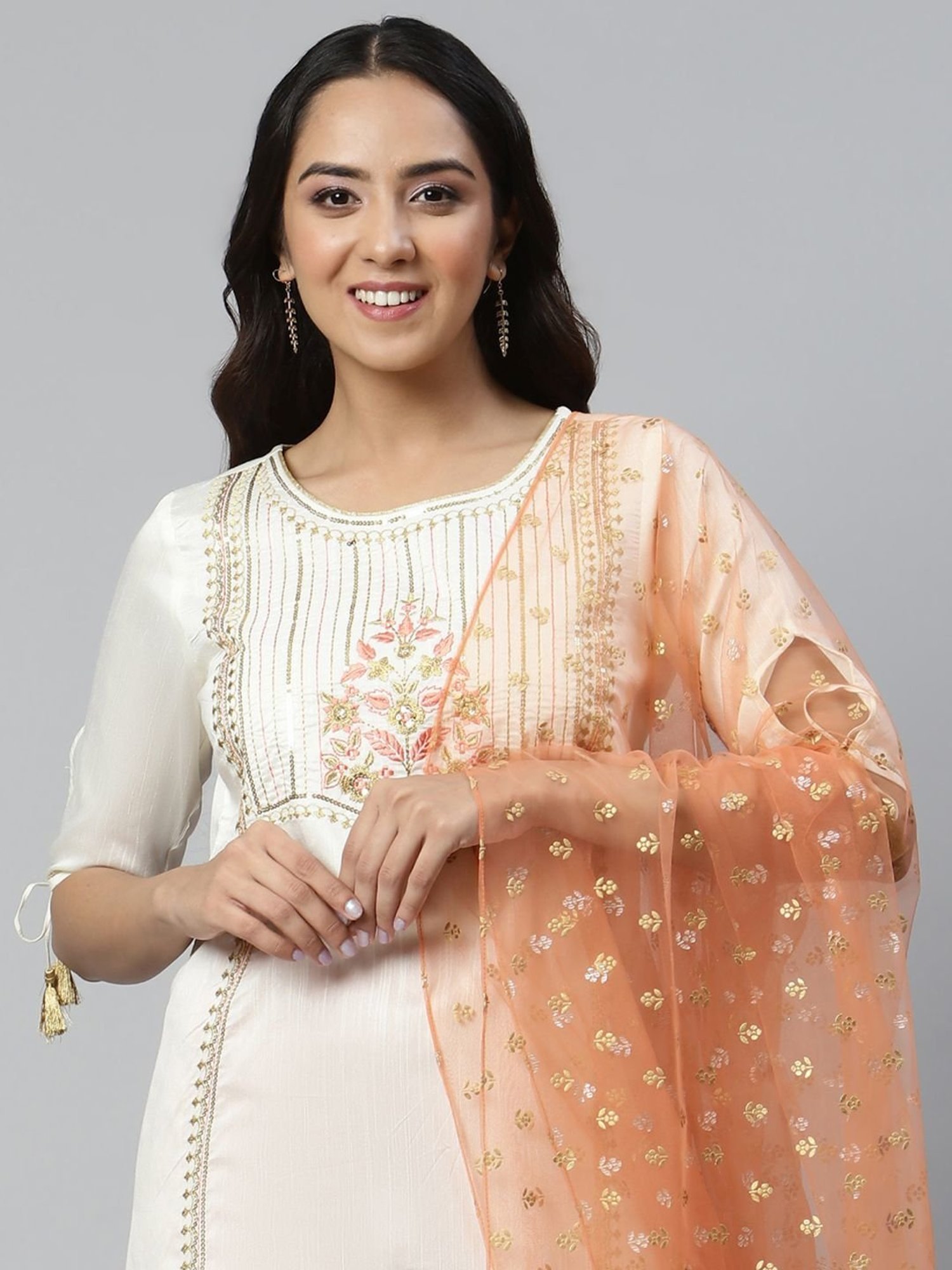 Aurelia Women White Solid Viscose Kurta Set with Palazzo & Dupatta