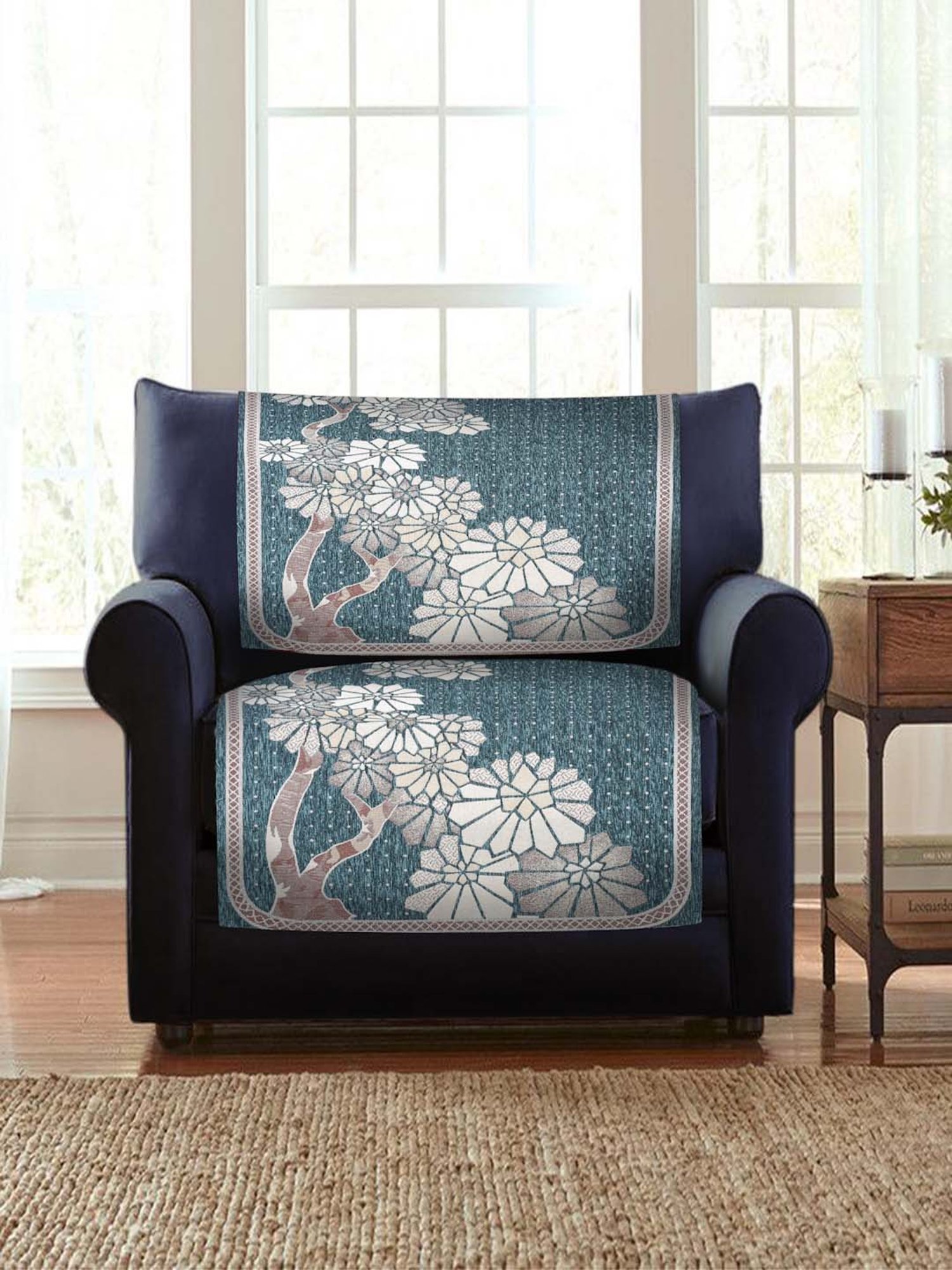 HOSTA HOMES Teal Blue & White Velvet 5-Seater Sofa Cover - Set of 10