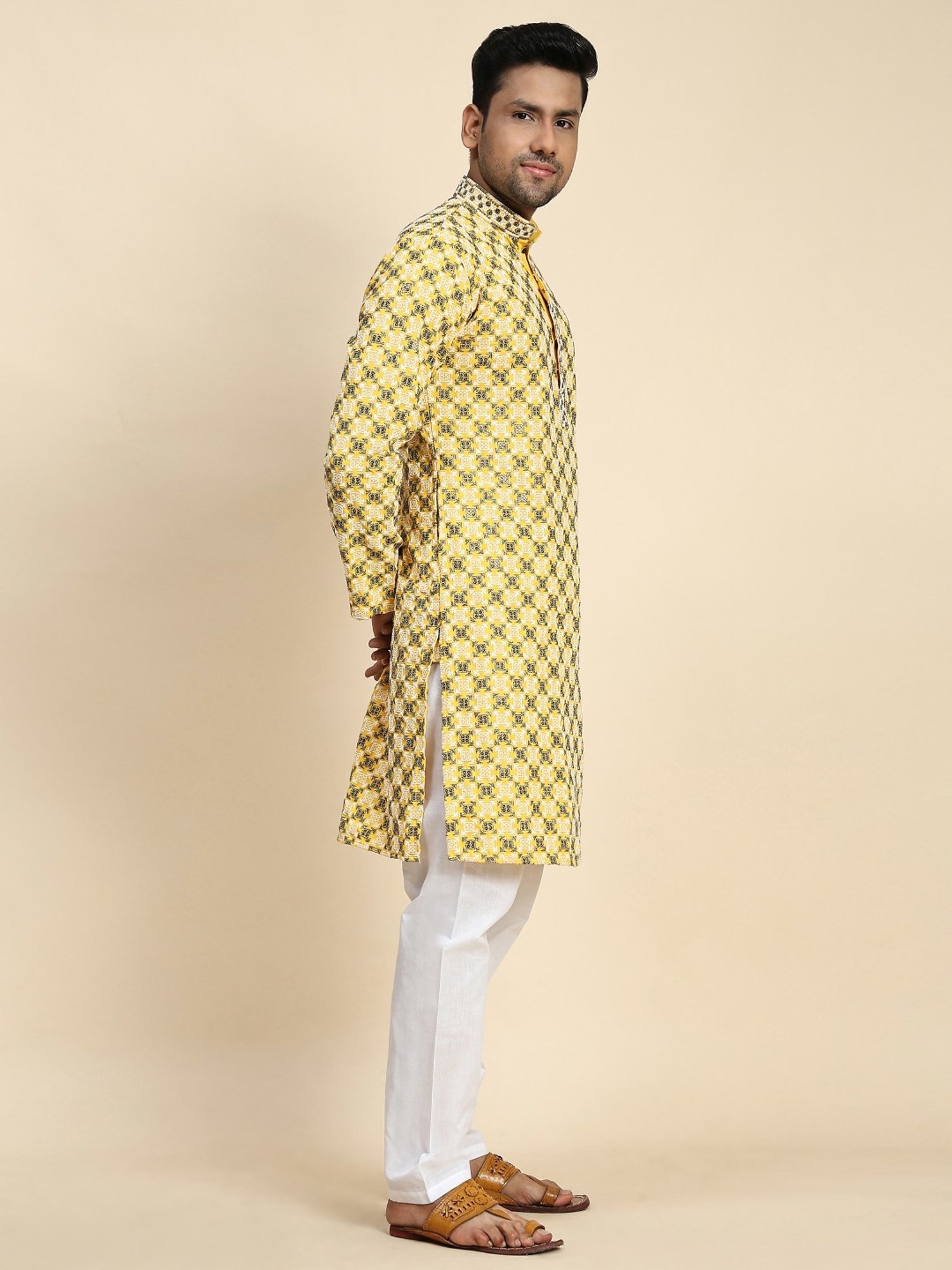 Pro-Ethic Style Developer Yellow & White Cotton Regular Fit Embellished Kurta Bottom Set