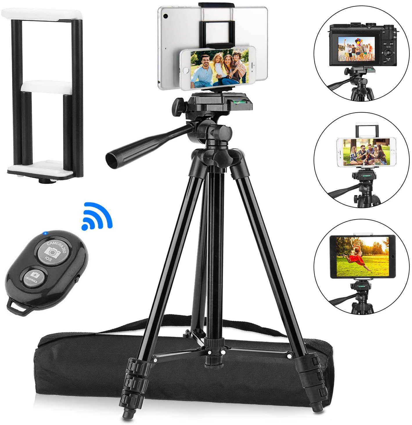 Compatible for iPad iPhone Tripod 55 Lightweight Aluminum Phone Camera Tablet Tripod + Wireless Remote + Universal 2 in 1 Mount Holder for Smartphone (Width 2.2-3.3)Tablet (Width 4.3-7.3)