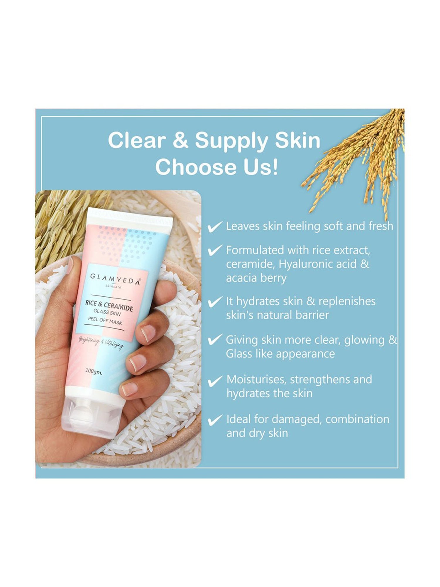 Glamveda Rice and Ceramide Glass Skin Peel Off Mask - 100 gm