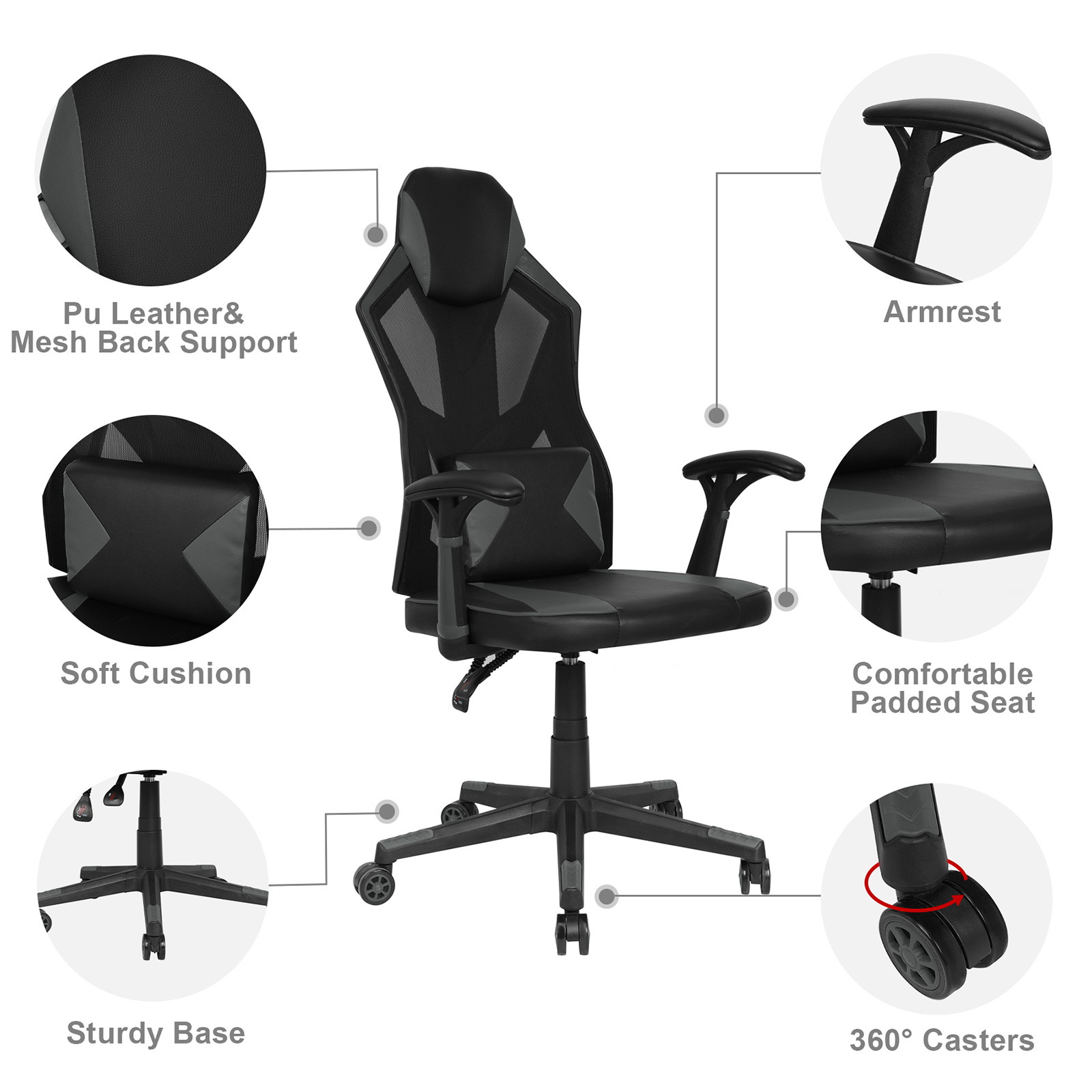 YOUTHUP Office Chair Functional Ergonomic Leather Gaming Chair Swivel Rolling Computer Desk Chair with Lumbar Support,Black and Grey
