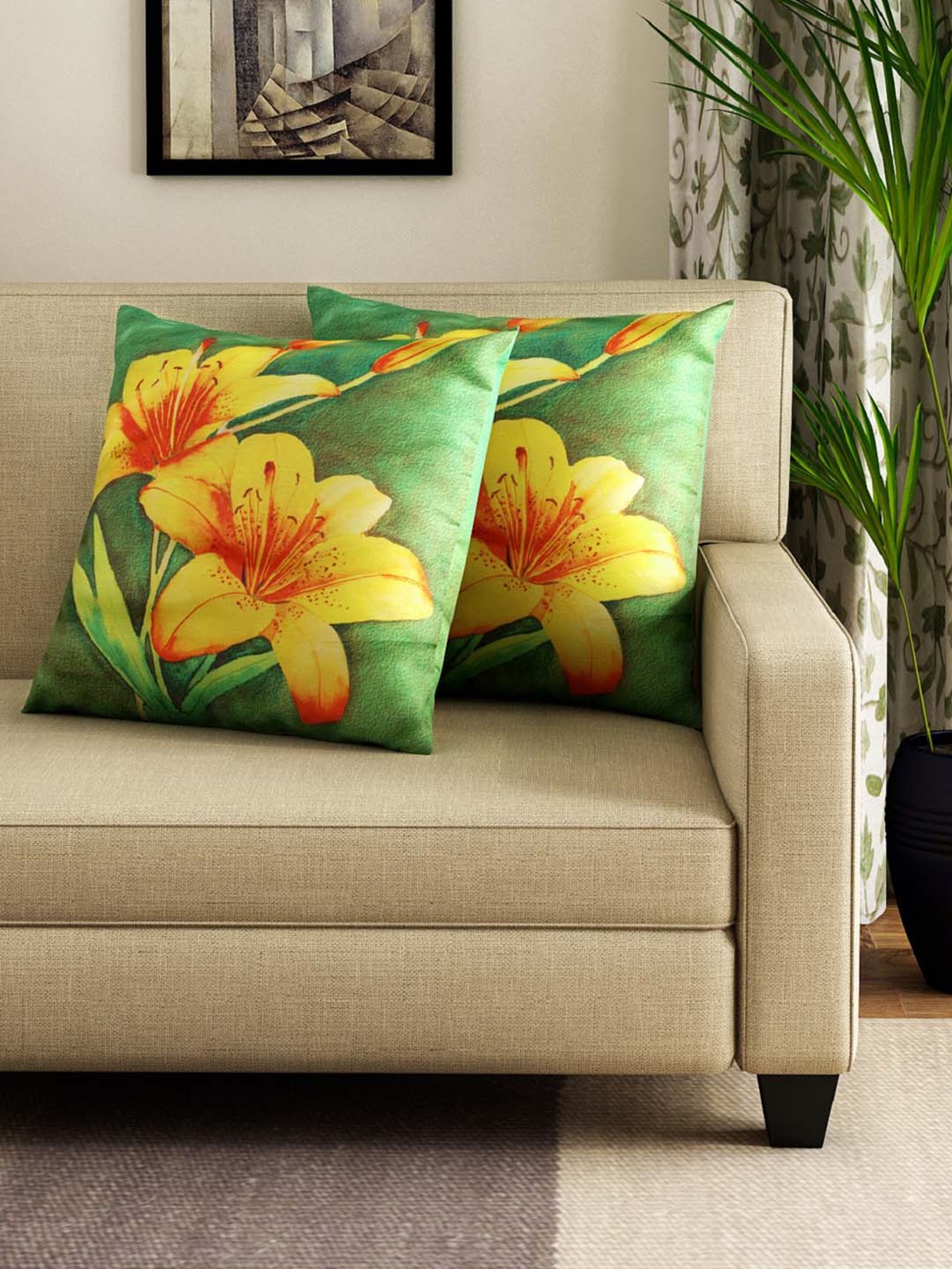 Swayam Green & Yellow Cotton 40 cm x 40 cm Cushion Covers - Set of 2