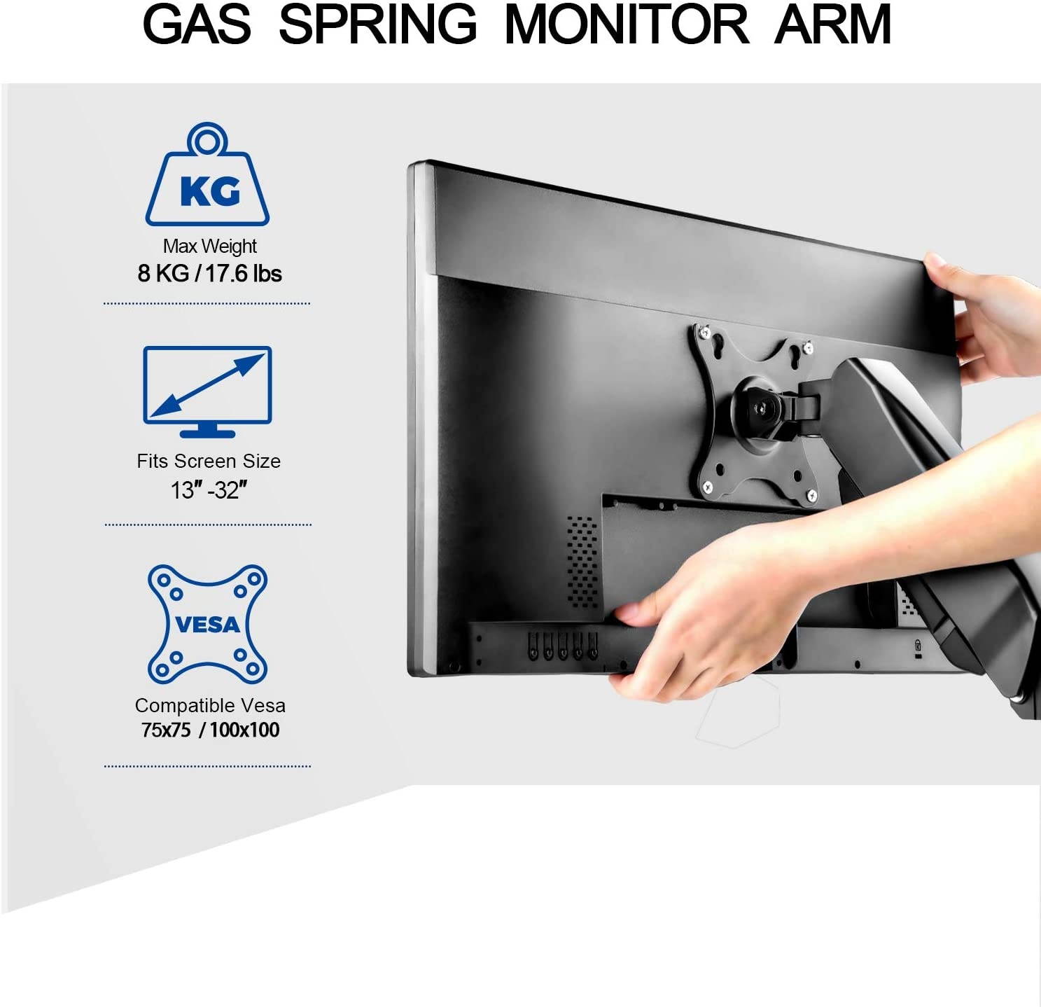 Single Monitor Desk Mount - Articulating Gas Spring Monitor Arm, Adjustable VESA Mount with C Clamp, Grommet Mounting Base, Computer Monitor Stand for Screen up to 32 inch