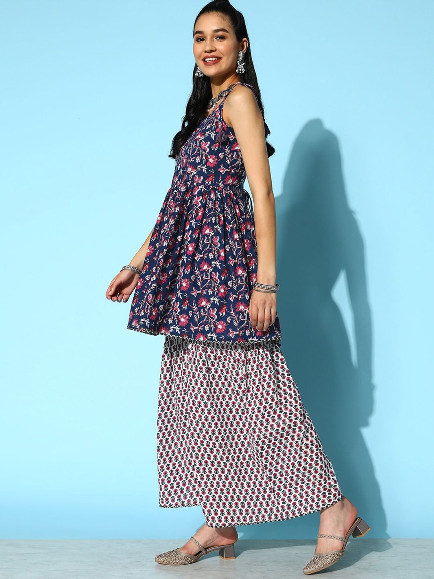 Prakrti Navy Cotton Printed Kurti Sharara Set With Dupatta