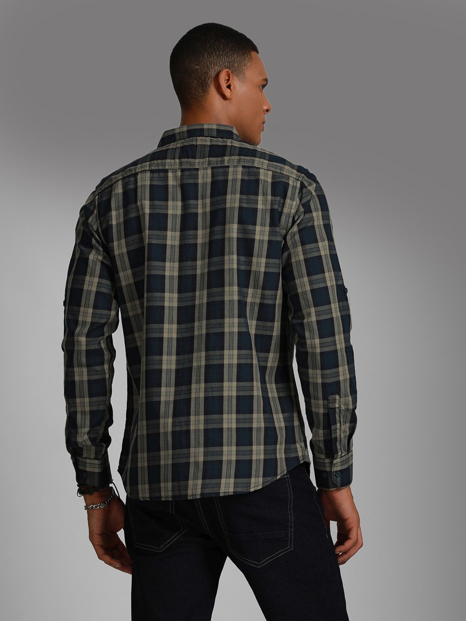 High Star Green Cotton Regular Fit Checks Shirt
