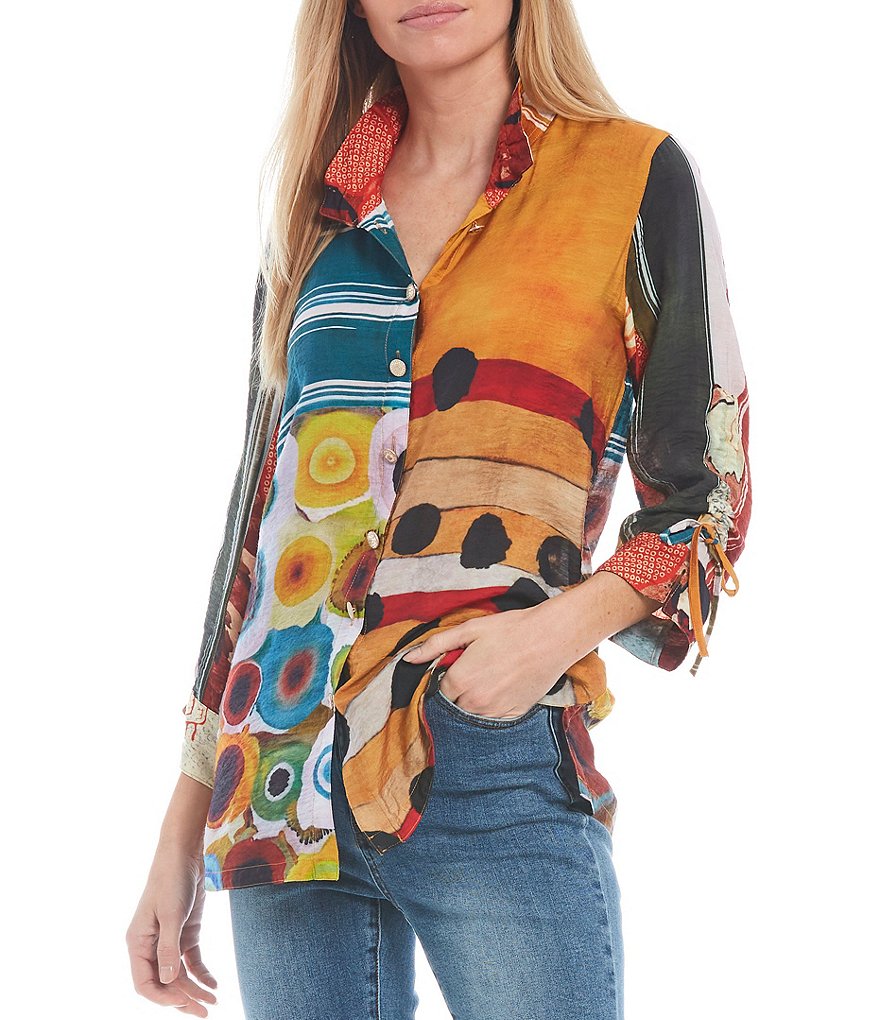 John Mark Printed 3/4 Cinch Sleeve Button Front Wire Neck Blouse