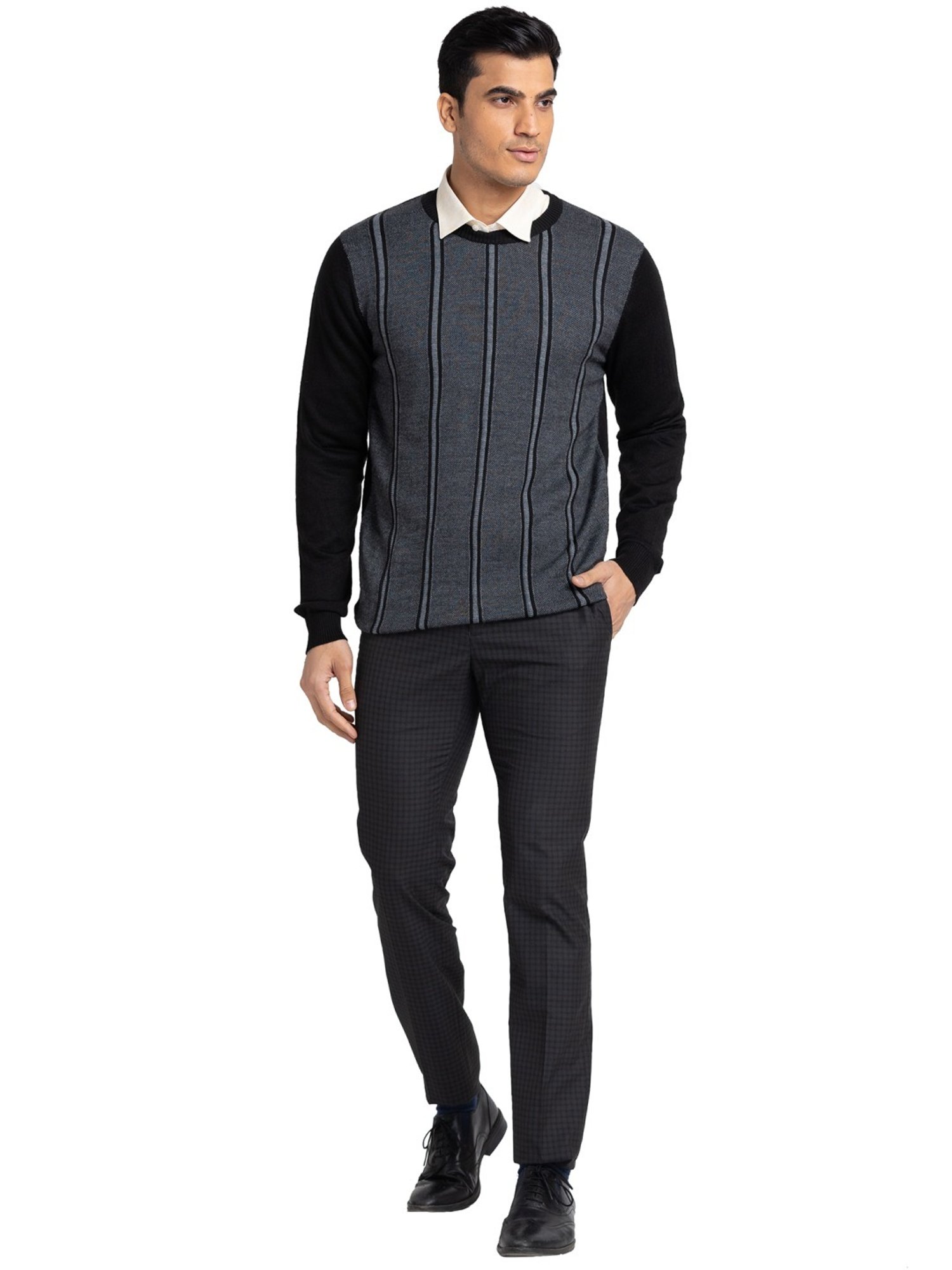 Raymond Black Regular Fit Striped Sweater