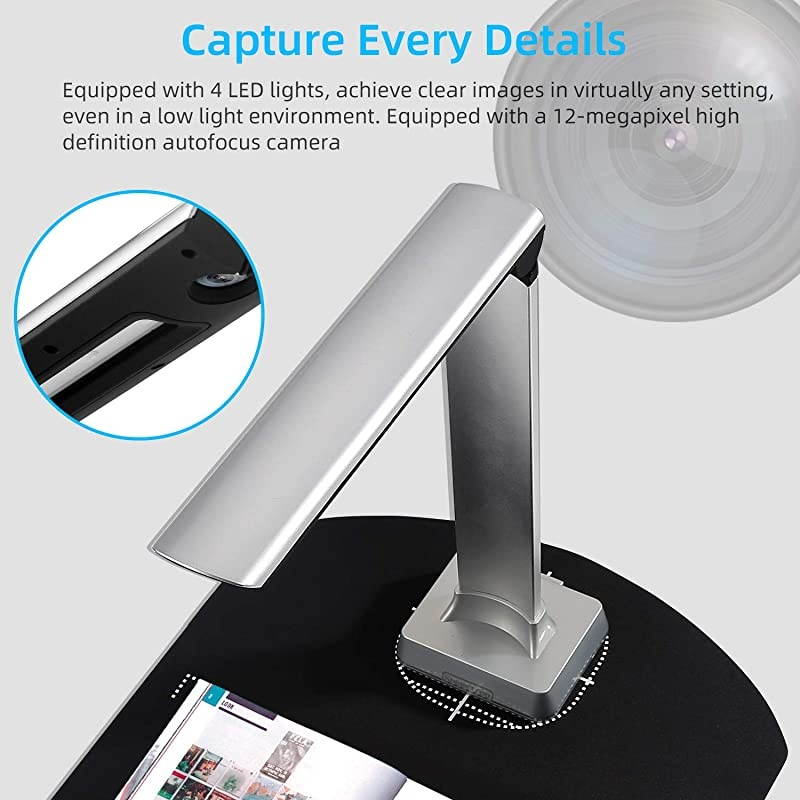 Book Document Scanner Camera, Portable Automatic Scanning Auto Focus 12MP High Definition Camera Capture A4 Size,Multi-Language OCR Convert Images to Word/Excel/PDF/TXT,Powerful Software