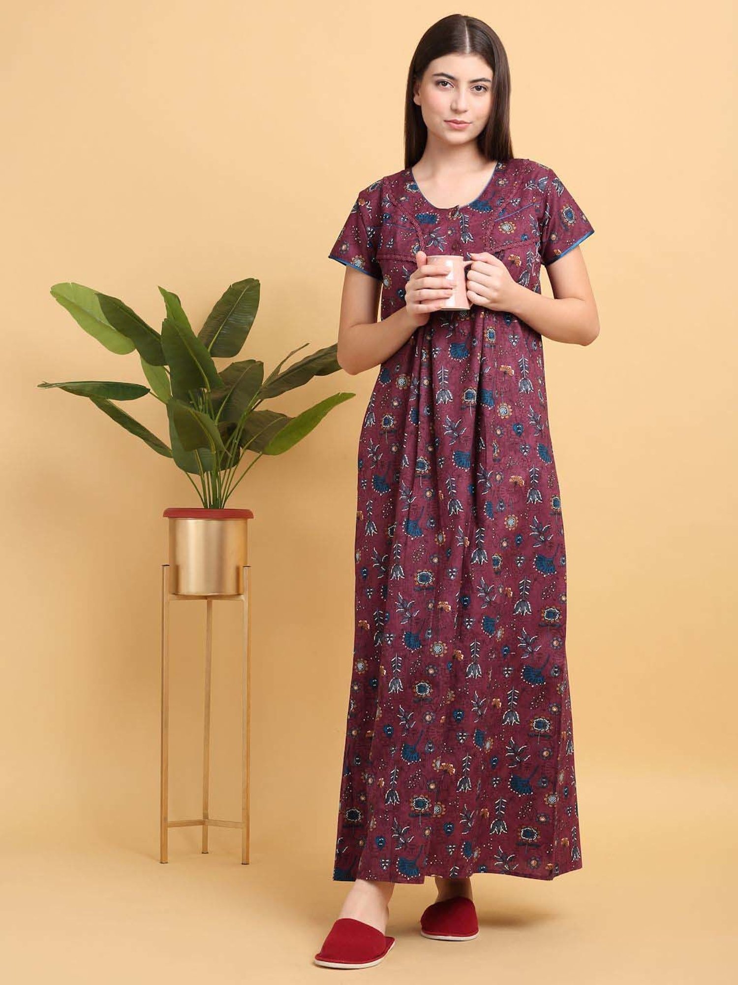 Sweet Dreams Red Cotton Printed Night Dress