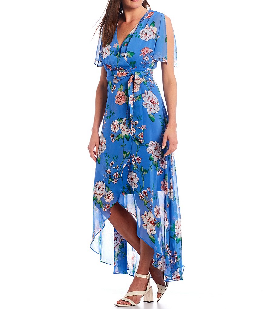 Jessica Howard Butterfly Sleeve Floral Printed Hi-Low Midi Wrap Dress