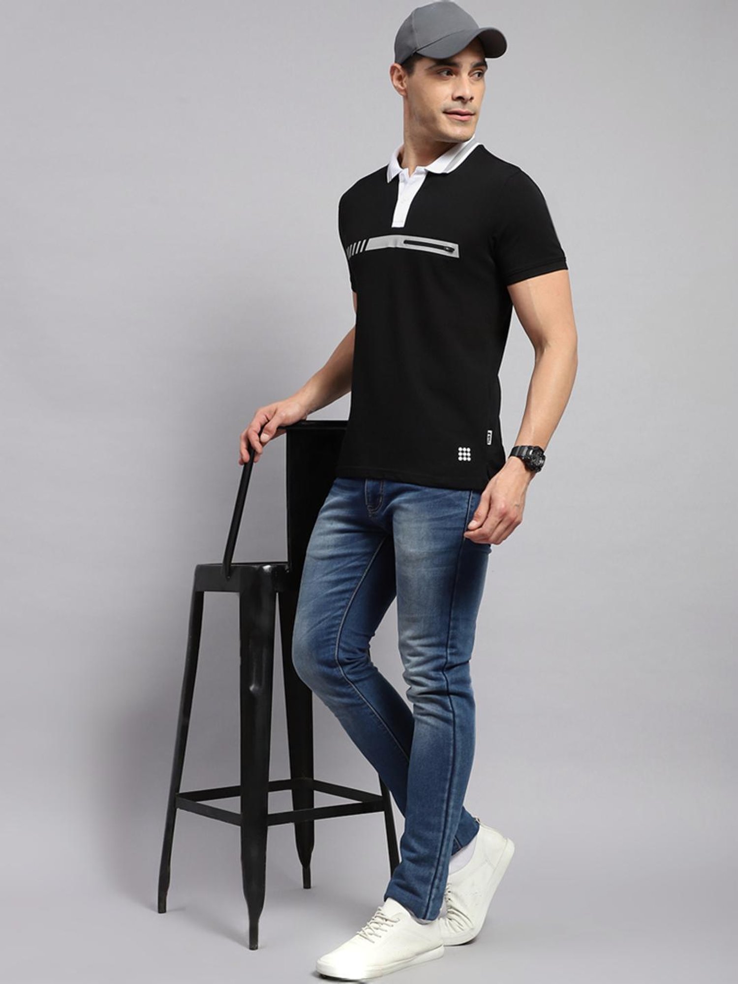 Rock.it Black Cotton Regular Fit Printed Polo T-Shirt