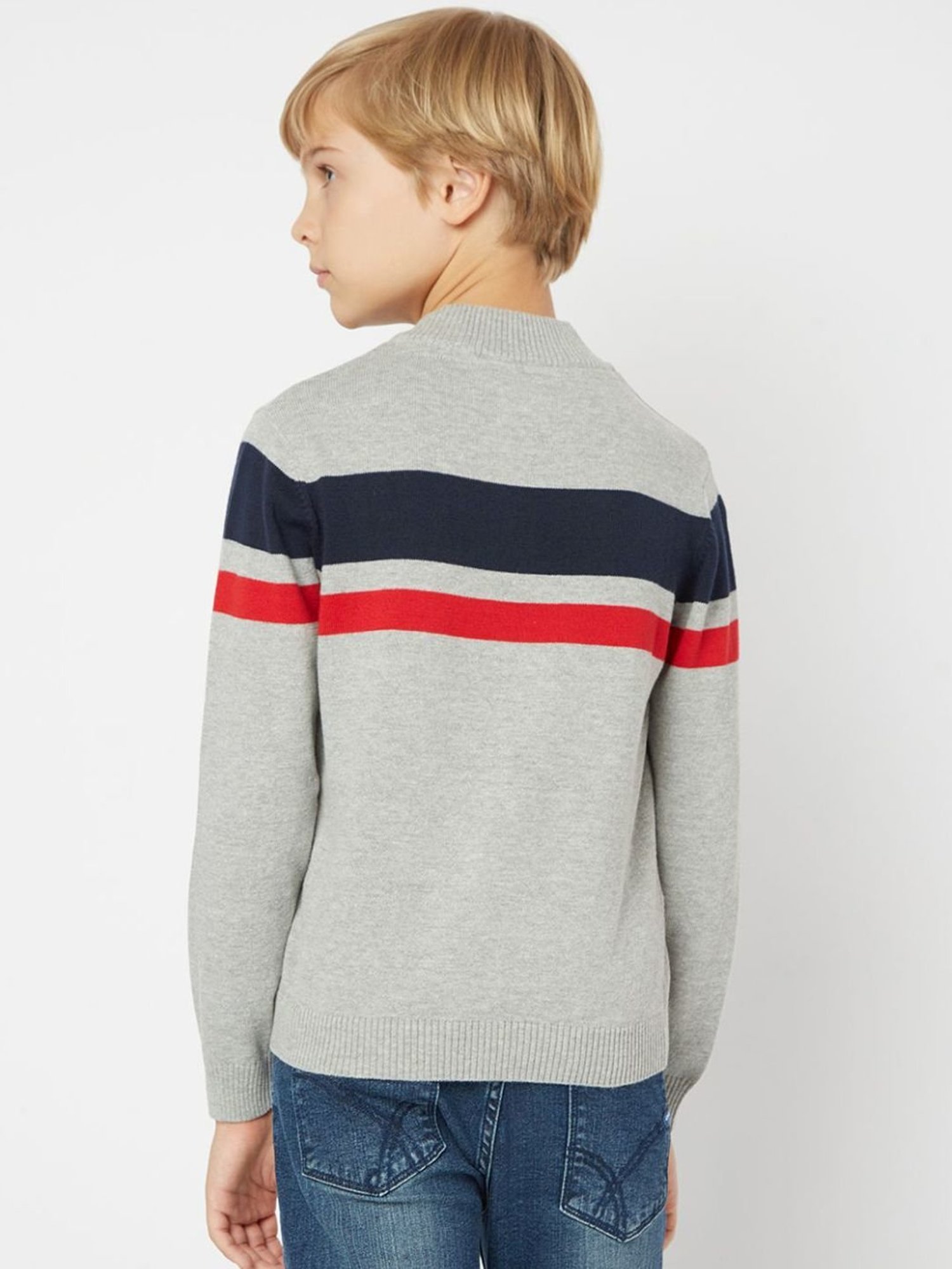 GAS Kids Grey & Navy Cotton Striped Full Sleeves Sweater
