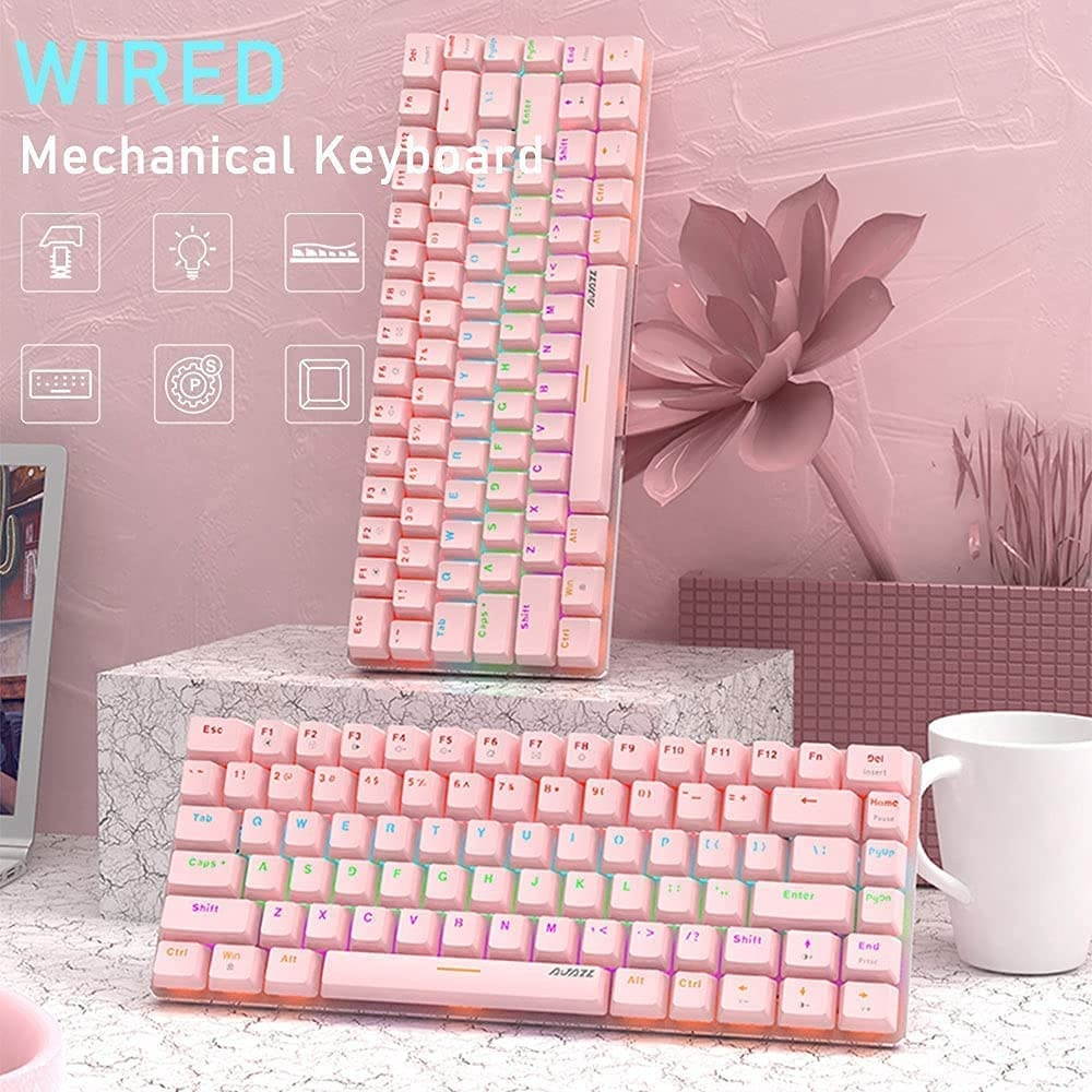Pink Mechanical Keyboard, Rainbow LED Backlit Detachable USB Cable 82 Keys Compact Gaming Keyboard and Mouse Pad with Anti-Ghosting Key Compatible with Windows PC Laptop Mac Game Office