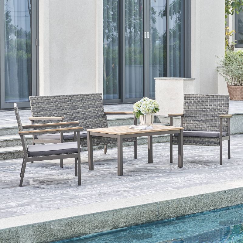 Evelyn 4pc Outdoor Resin Wicker Mixed Acacia Wood Lounge Sofa Set with Cushion - Gray - Vifah