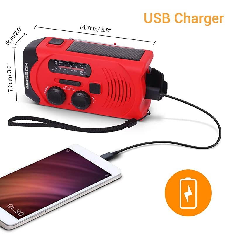 SOS 2000mAh Emergency Solar Hand Crank Portable RadioNOAA Weather Radio for Household and Emergency with AMFMLED FlashlightReading LampUSB ChargerBattery Indicator Red