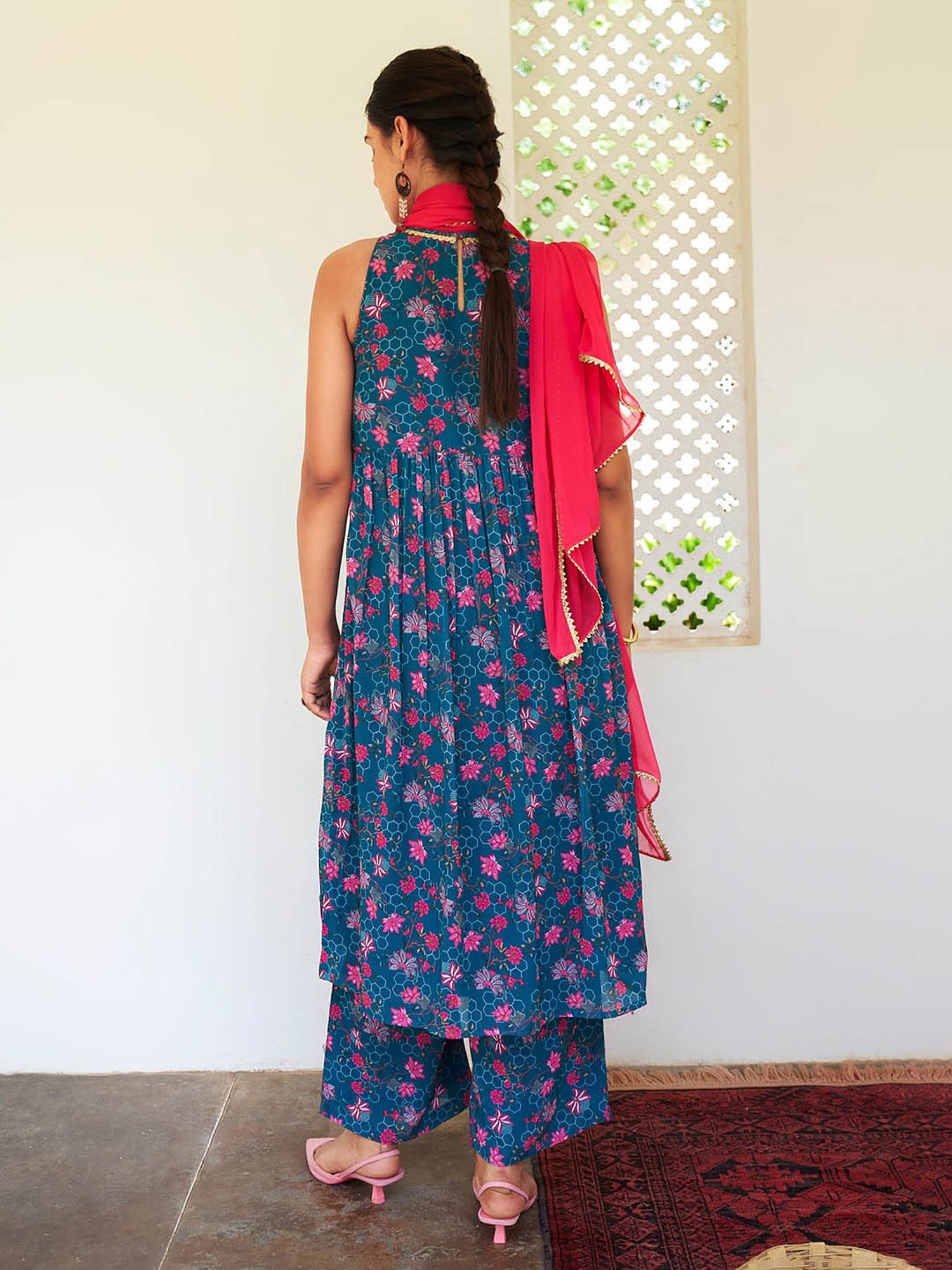 Janasya Teal Floral Print Kurta With Palazzo & Dupatta