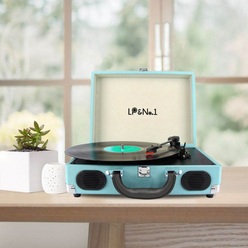 LP&No.1 Portable Suitcase Turntable with Stereo Speaker,3 Speeds Belt-Drive Vinyl Record Player Blue