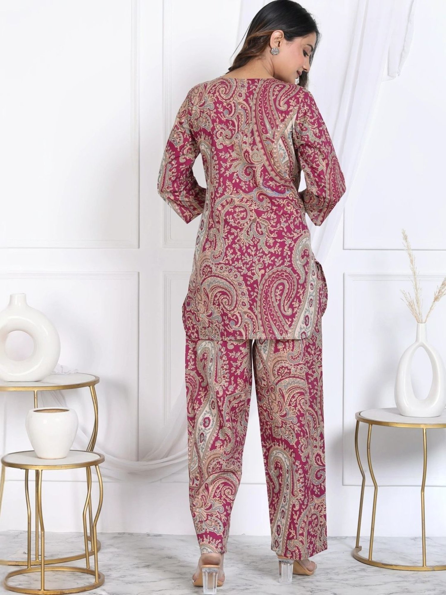 Kaftanize Crimson Paisley Printed Short Tunic with Pant