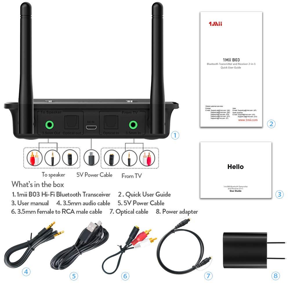 1Mii B03 Long Range Bluetooth 4.2 Transmitter Receiver Bluetooth Audio Adapter Bluetooth Transmitter, aptX Low Latency & HiFi Sound, Optical RCA AUX 3.5mm for TV PC Home Stereo