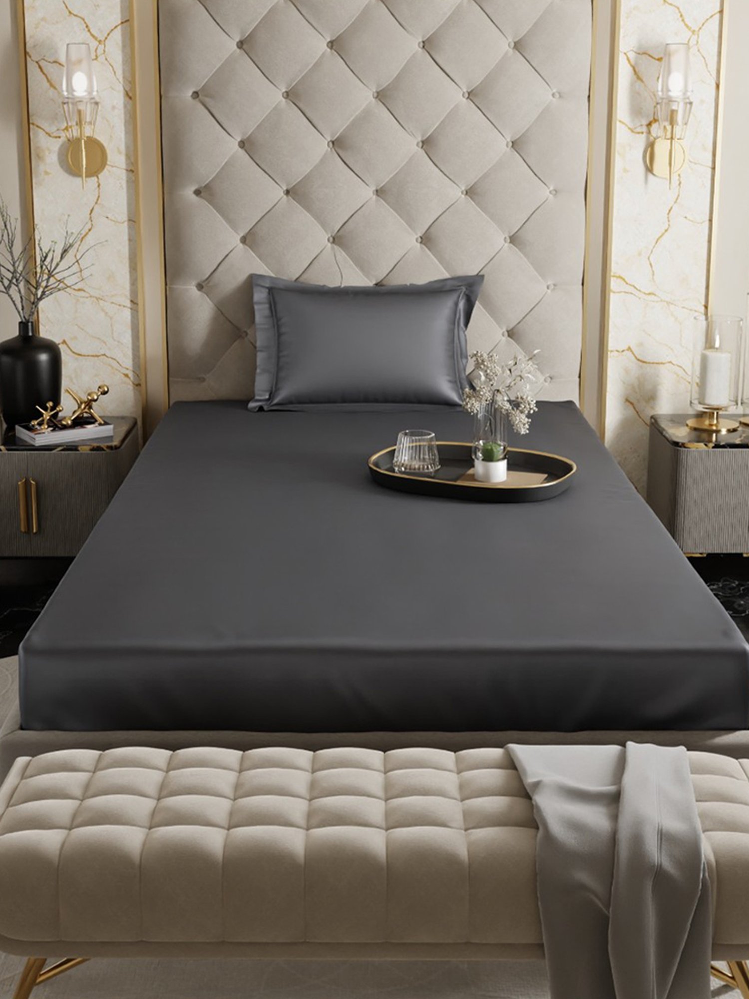 Stoa Paris Charcoal Grey 300 TC Polyester Single Fitted Sheet with 1 Pillow Cover