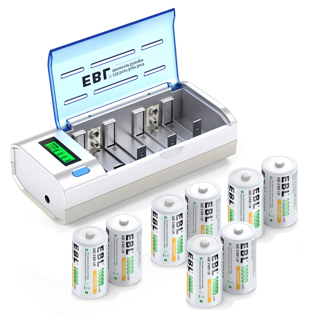 EBL 2Pcs D Cells 10000mAh Rechargeable Batteries with C D 9V AA AAA Battery Charger