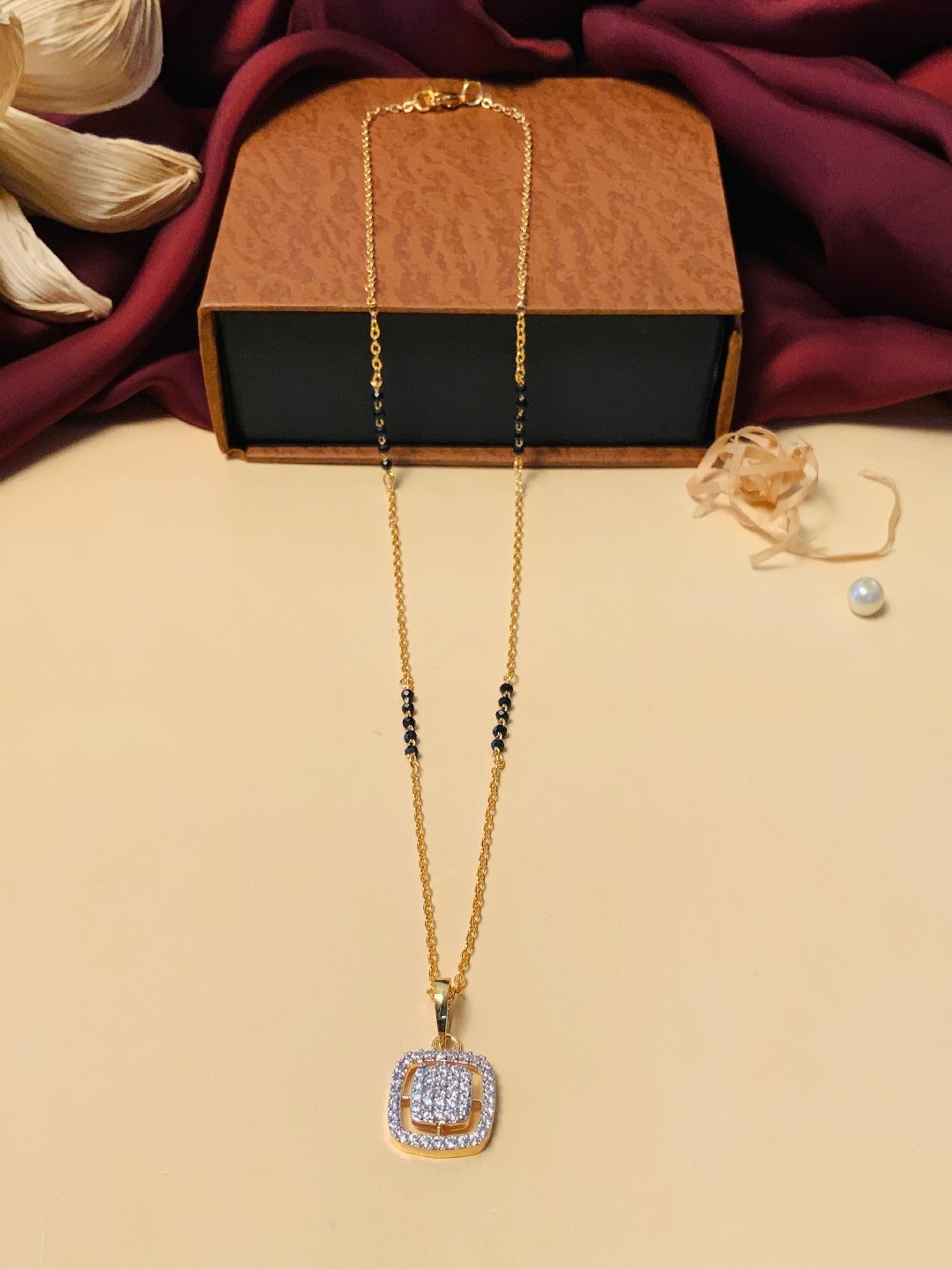 Abdesigns Gold-Plated American Diamond & Black Beaded Mangalsutra