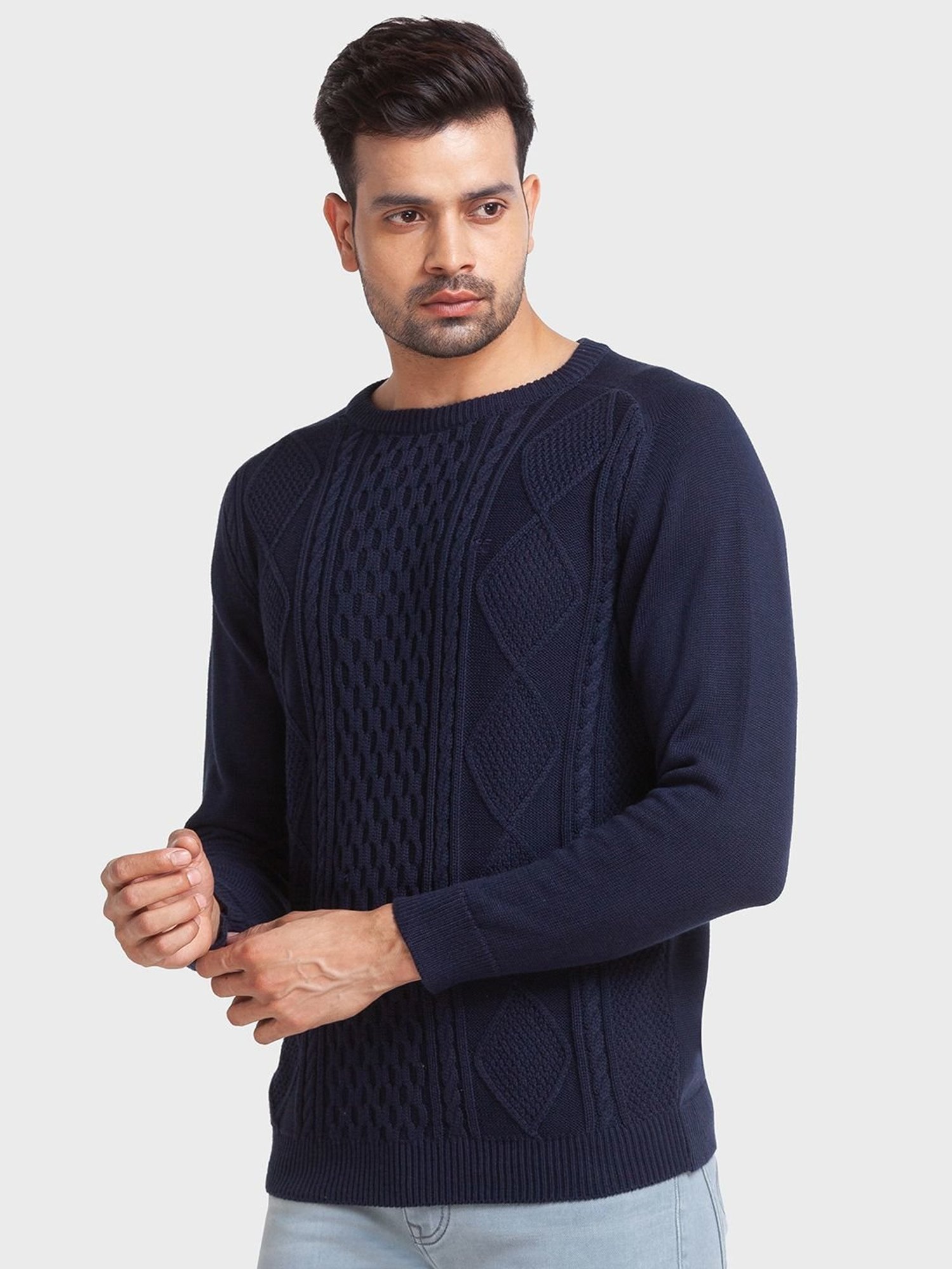 ColorPlus Navy Cotton Tailored Fit Self Pattern Sweaters