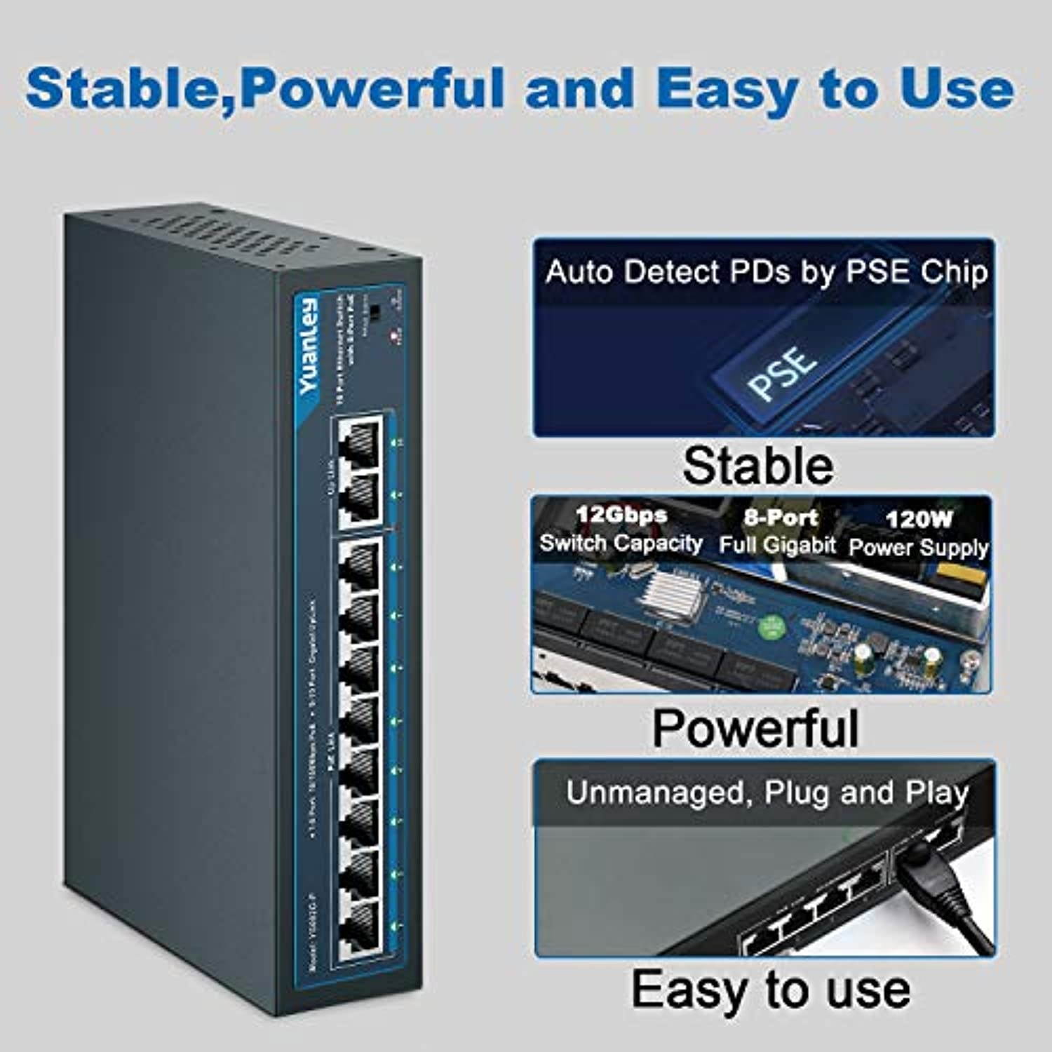 YuanLey 10 Port PoE Switch, 8 PoE+ Port 100Mbps, 2 Gigabit Uplink, 120W 802.3af/at, Extend Function, Metal, Fanless, Plug and Play (YS082G-P)