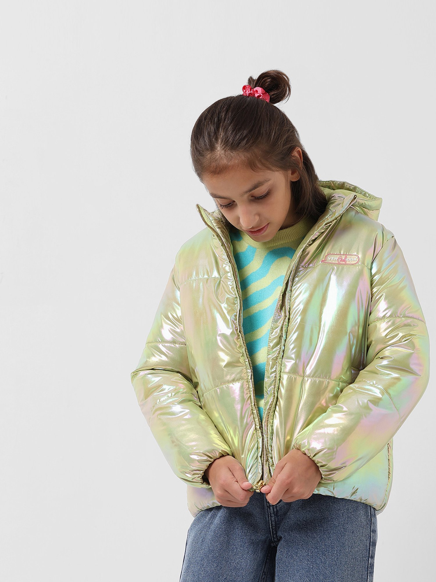 VERO MODA GIRL Blue & Green Printed Full Sleeves Sweater