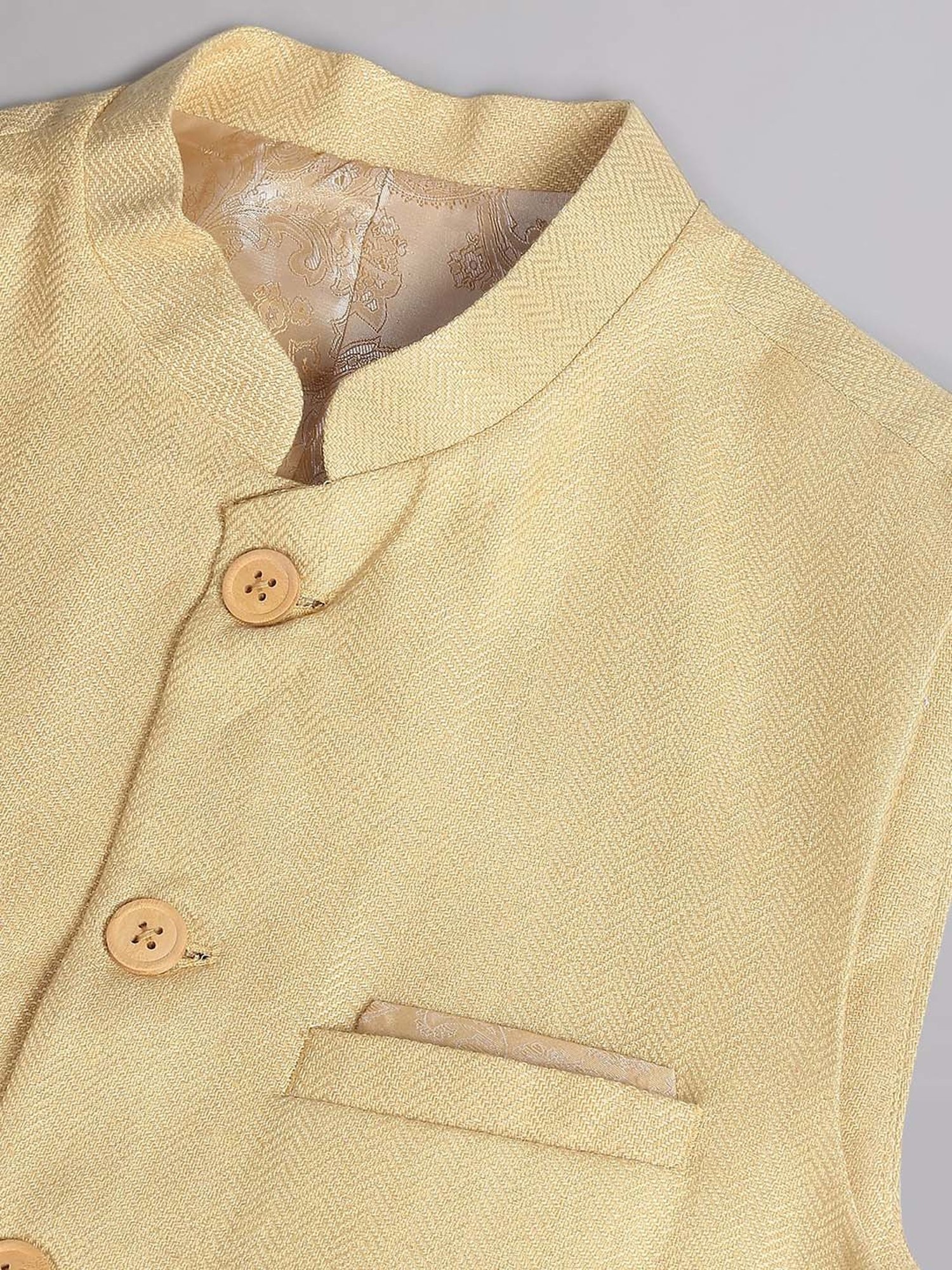 AD by Arvind Yellow Mandarin Collar Self Design Nehru Jacket