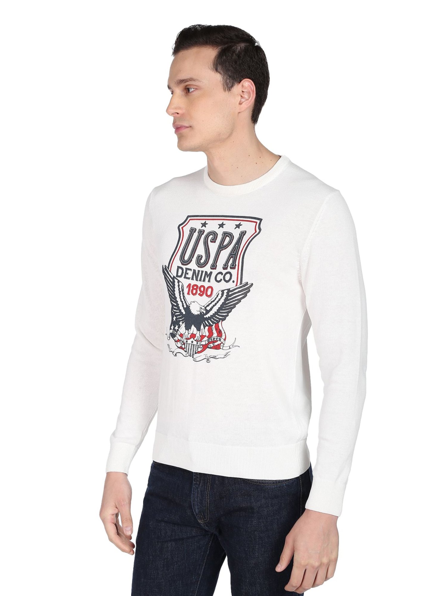 U.S. Polo Assn. Denim Co. Off White Cotton Regular Fit Printed Sweater