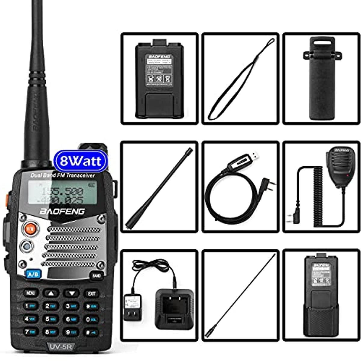 BaoFeng (UV-5R Pro) Ham Radio Handheld Walkie Talkies UHF VHF Dual Band 2-Way Radio Full Kit with an Extra 3800mAh Battery, Earpiece and Programming Cable (1 Pack)