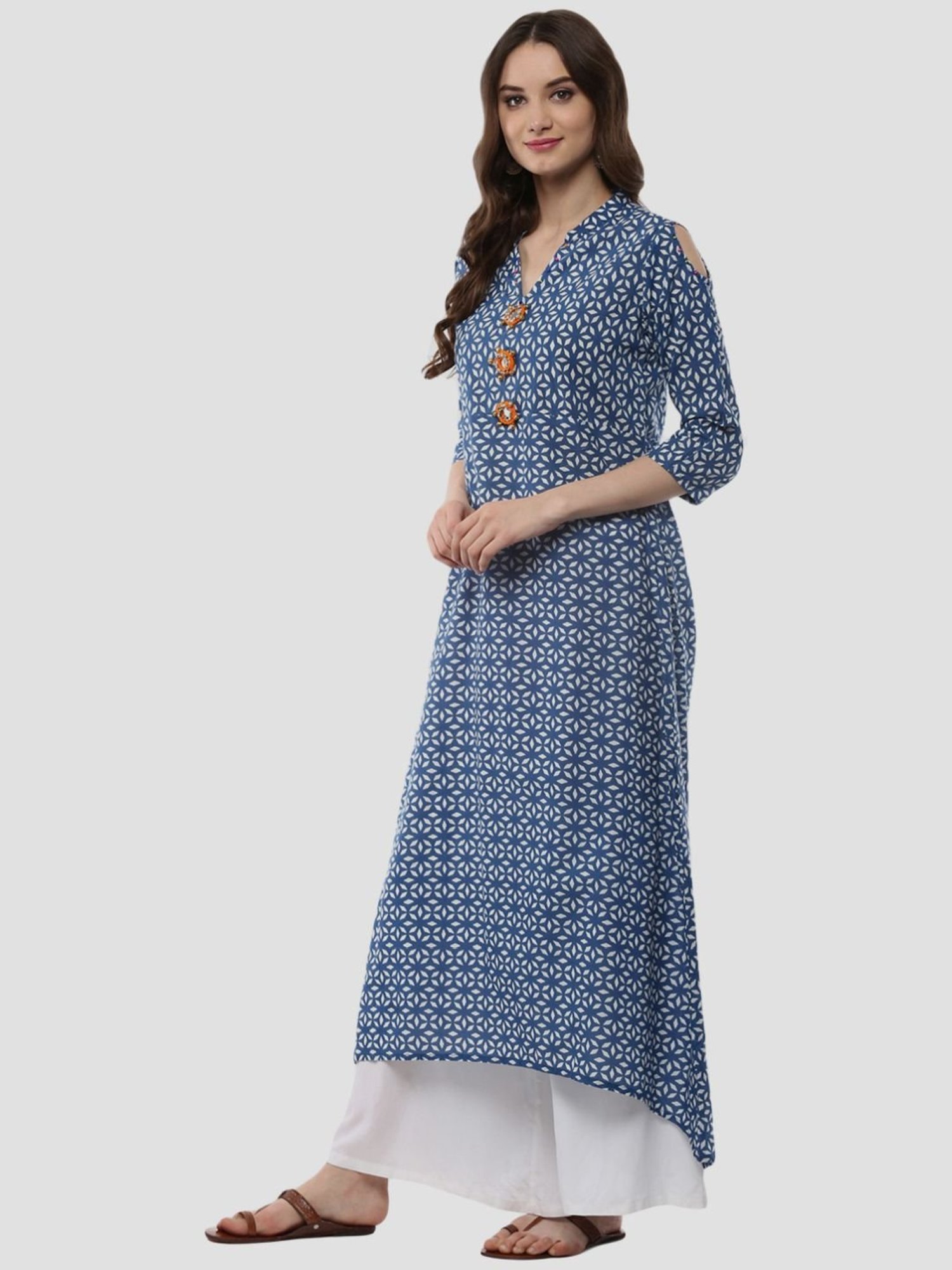 Sringam Blue Cotton Embellished A Line Kurta