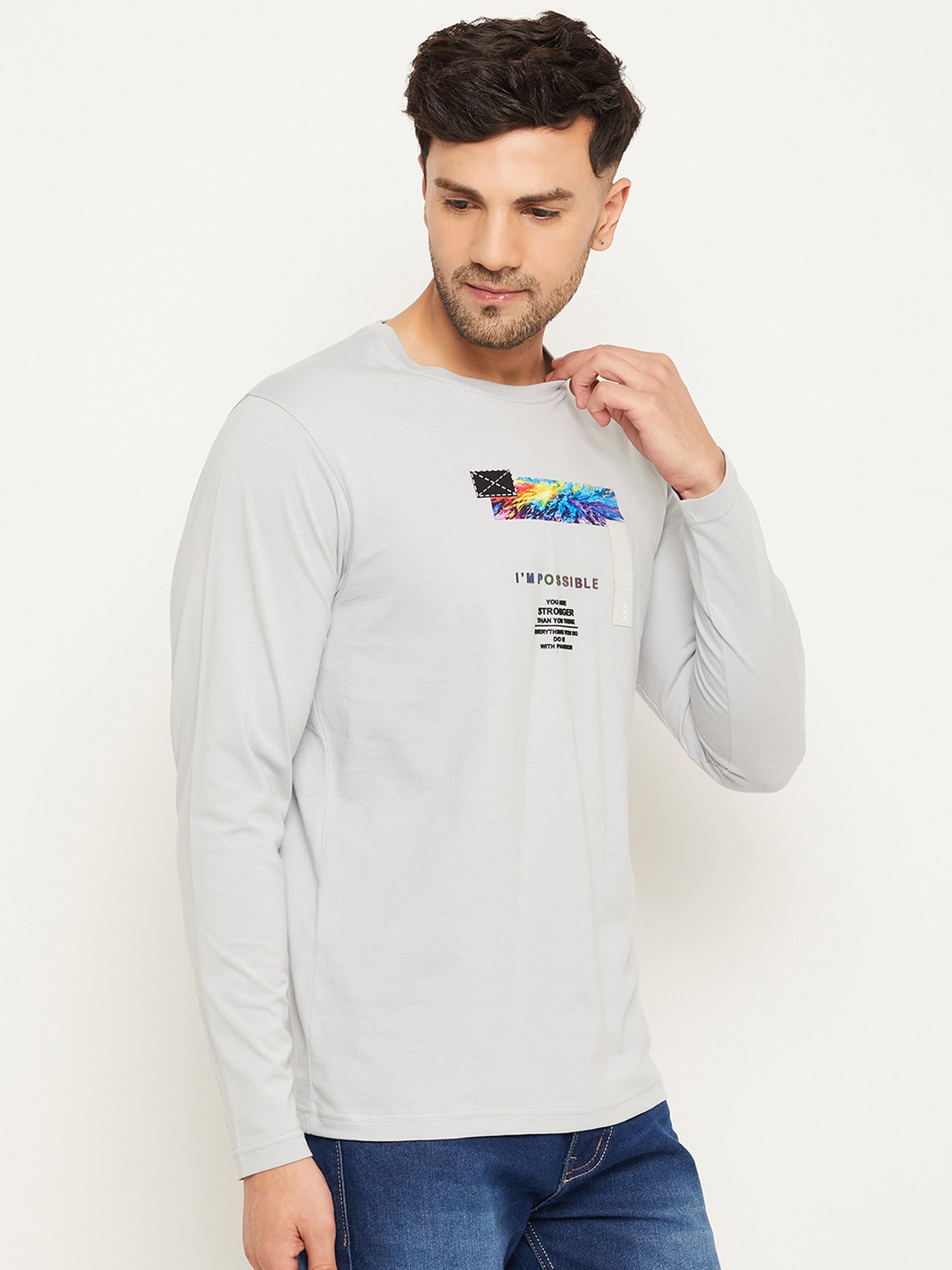 Club York Grey Melange Regular Fit Printed Crew T-Shirt