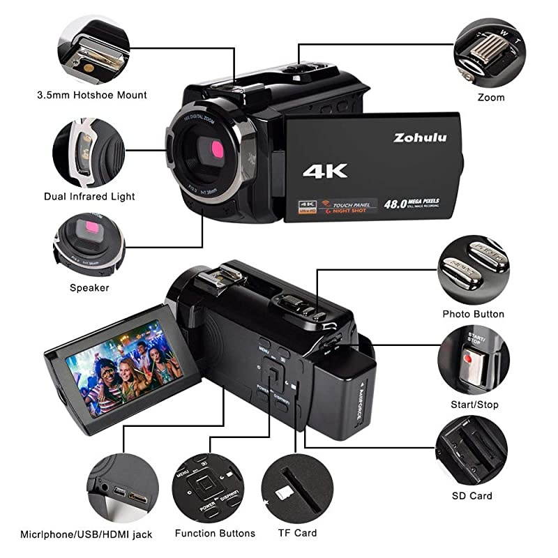 4K Video Camera  Camcorder, WiFi Vlogging Camera for YouTube with Microphone, 60FPS 48MP Ultra HD 16X Digital Zoom Night Vision Camera with IR Flashlight, Wide Angle Lens (2 Batteries Included)